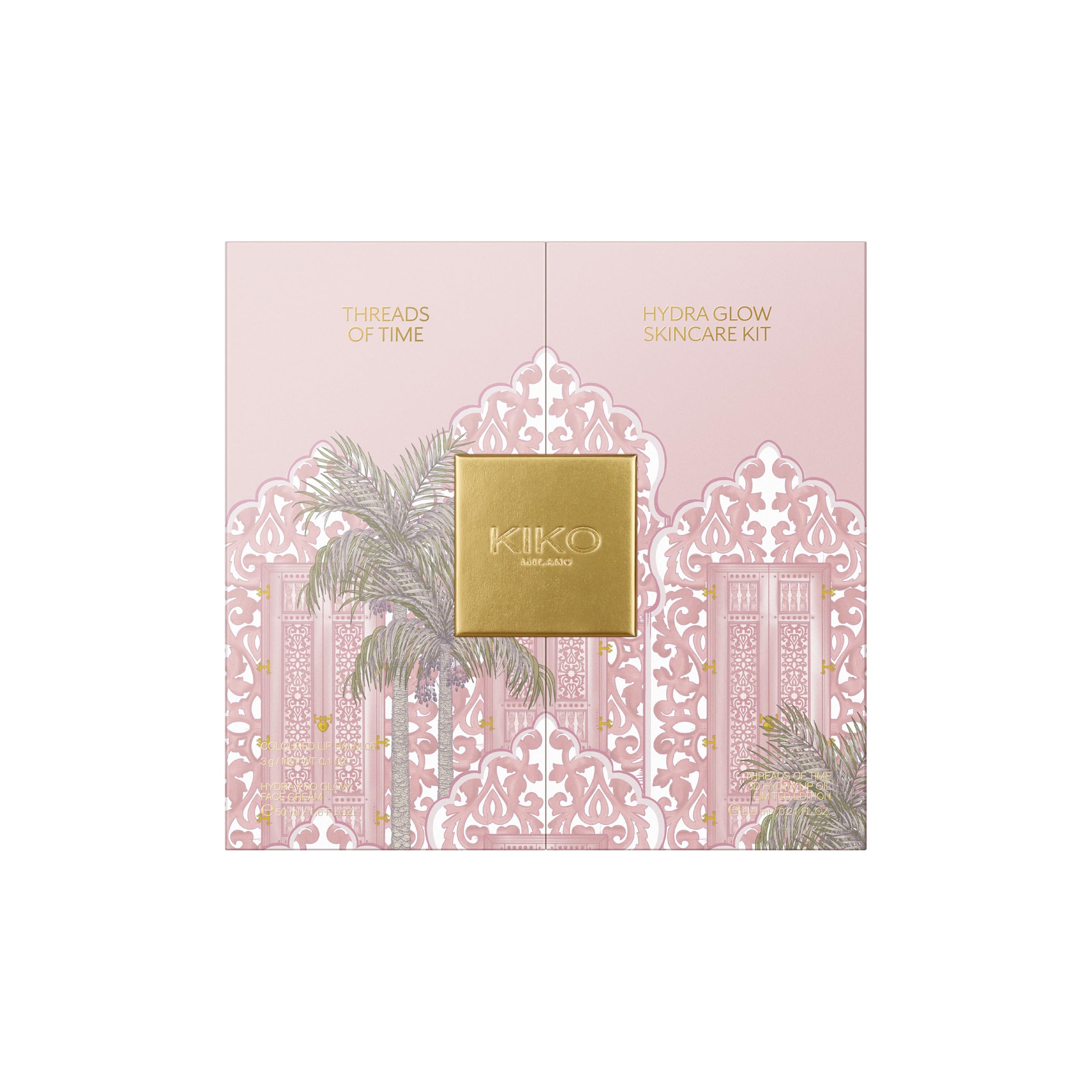 KIKO Milano Threads Of Time Hydra Glow Skincare Kit: Crème Visage, Huile, Baume Lèvres