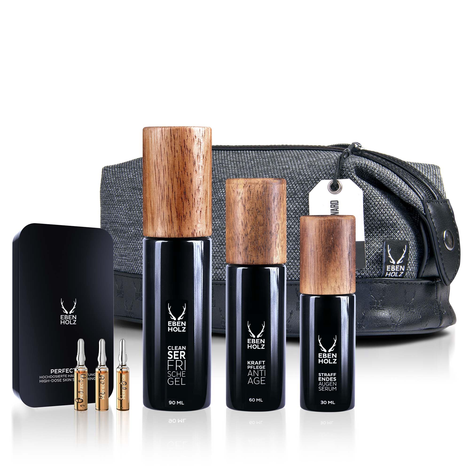 EBENHOLZ skincare Gesichts Pflegeset Mens SPA für Männer | Cleanser, Perfector Ampullen, Kraftpflege & Augenserum, Anti Aging mit Hyaluron, Geschenkset