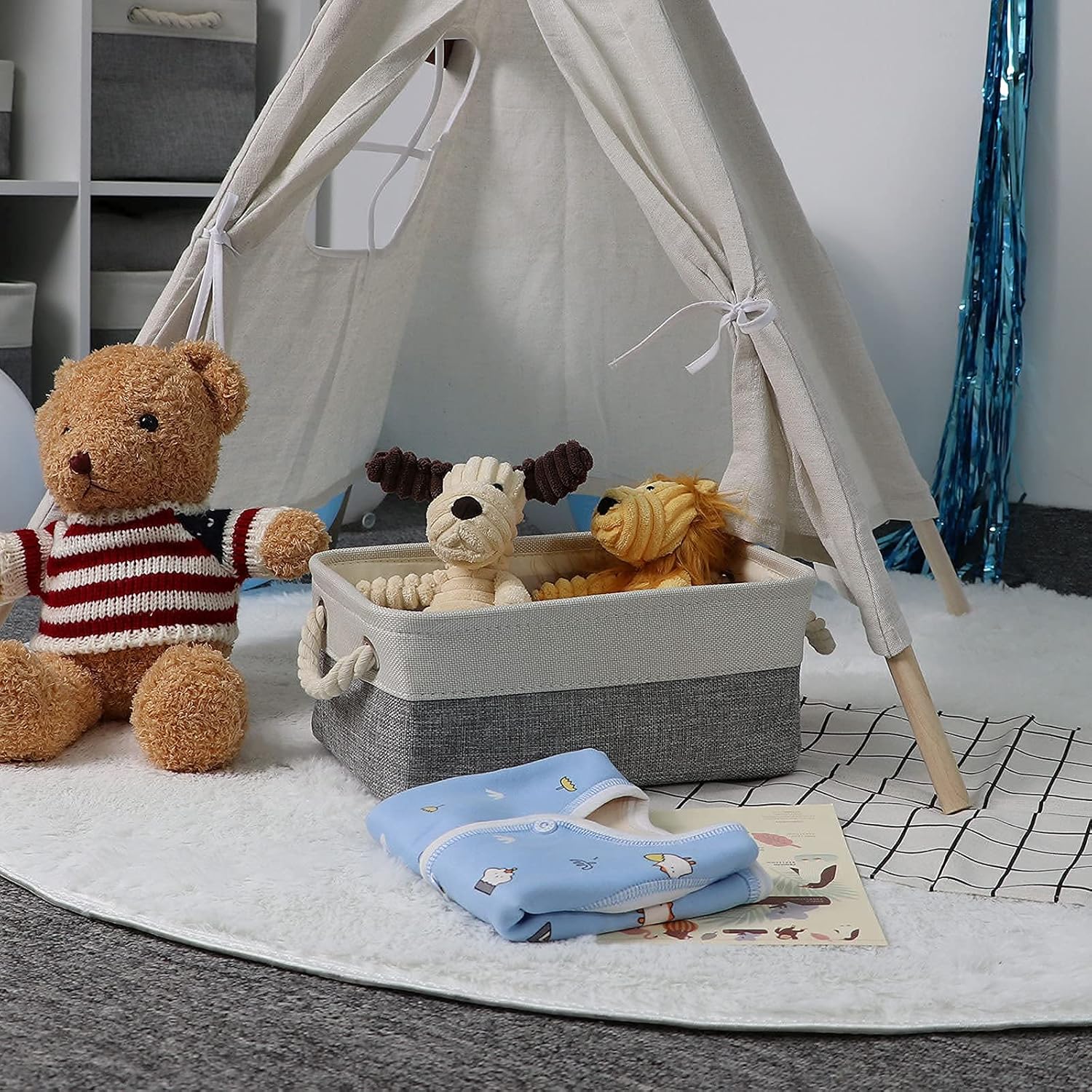 Bidtakay White & Grey Fabric Storage Bins - 3 Medium (15" x 11" x 9.5") + 6 Small (11.8" x 7.8" x 5") Multipurpose Baskets