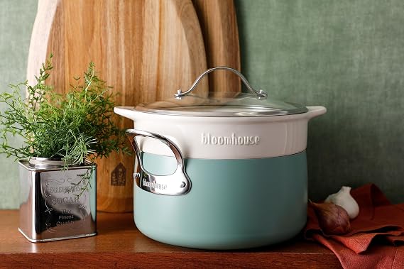 Bloomhouse 6-QT Heavy-Guage Aluminum Dutch Oven w/Non-Stick Non-Toxic Ceramic Interior and Ceramic Steamer Insert - Sage Green