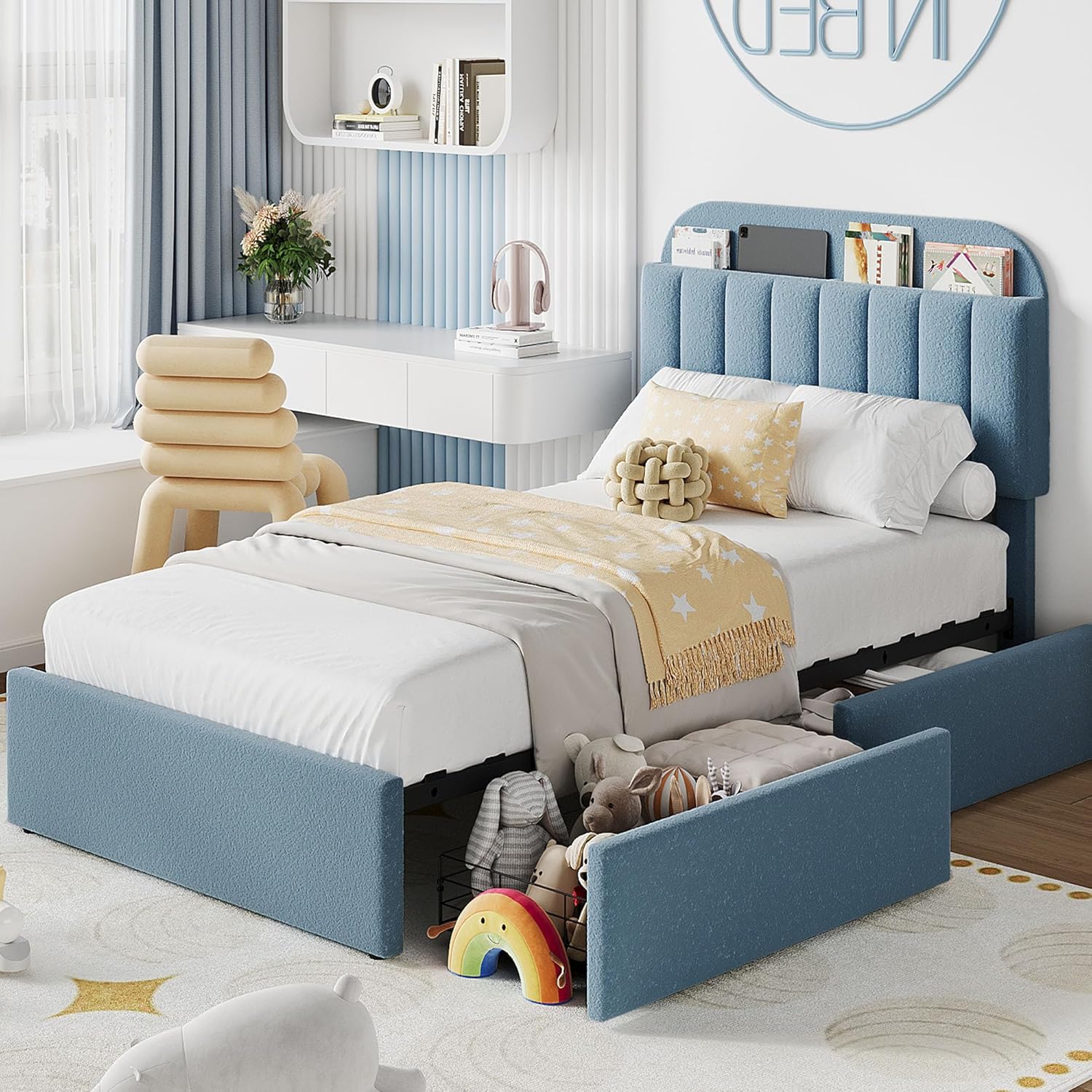 IDEALHOUSE Twin Bed Frame for Kids, Boucle Upholstered Platform Bed for Boys with 2 Flexible Drawers, Bookcase Headboard, Noise-Free, Easy Assembly, No Box Spring Needed, Blue