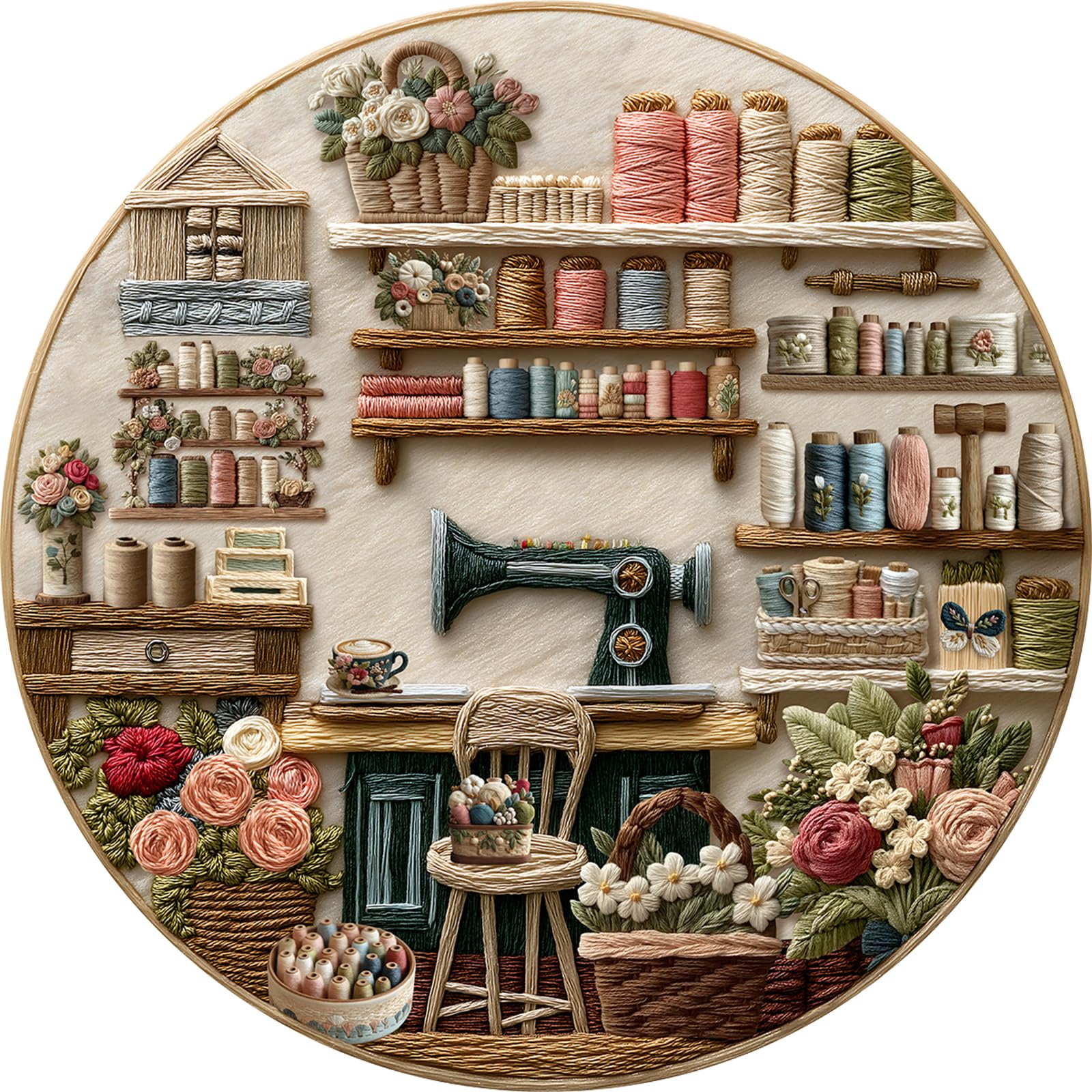 Sewing Room Puzzle for Adults 1000 Pieces, Round Vintage Sewing Machine Jigsaw Puzzle, Cozy Circular Embroidery Puzzle with Thread Spools, Flowers and Sewing Supplies Challenge for Adults