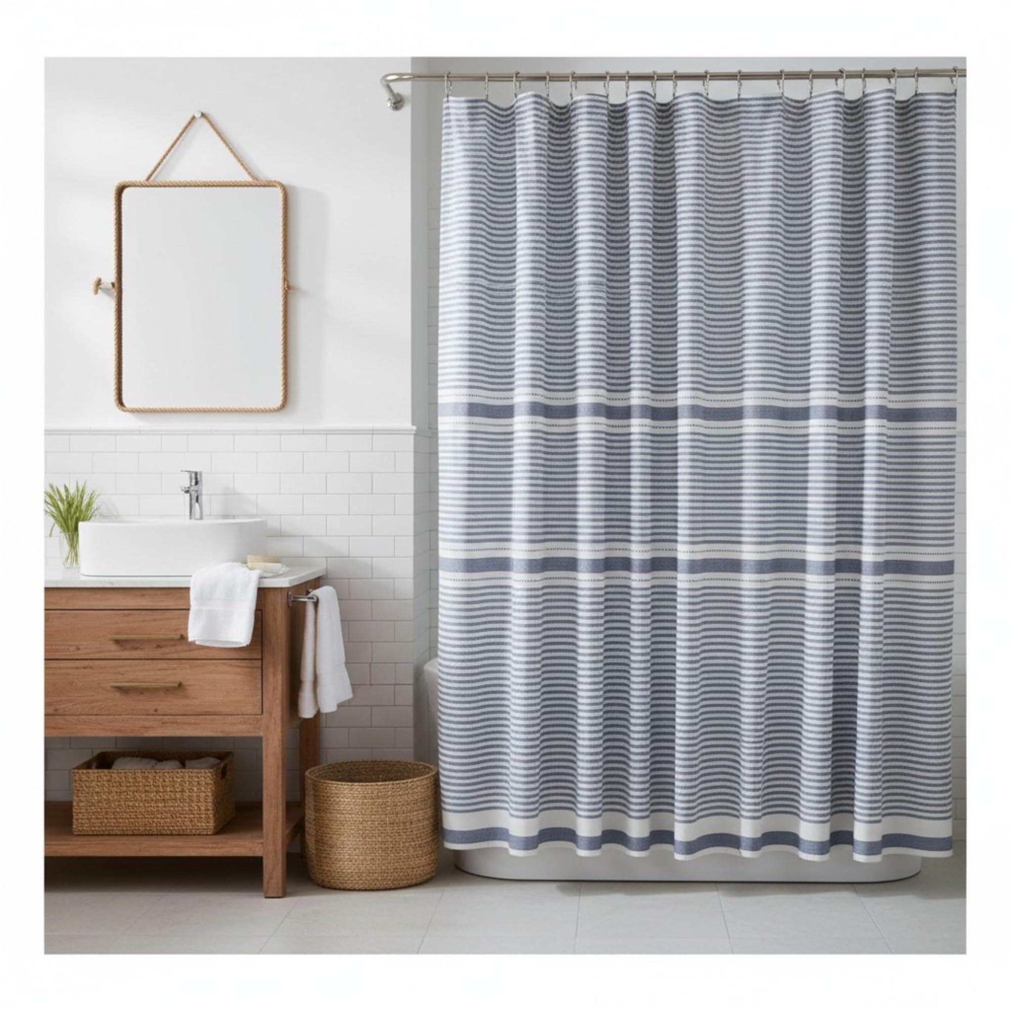 Serafina Home Blue and White Fabric Shower Curtain, Cotton Blend Striped Textured Design, 72 x 72 Shower Curtain, Modern Aesthetic Bathroom Decor, Cozumel