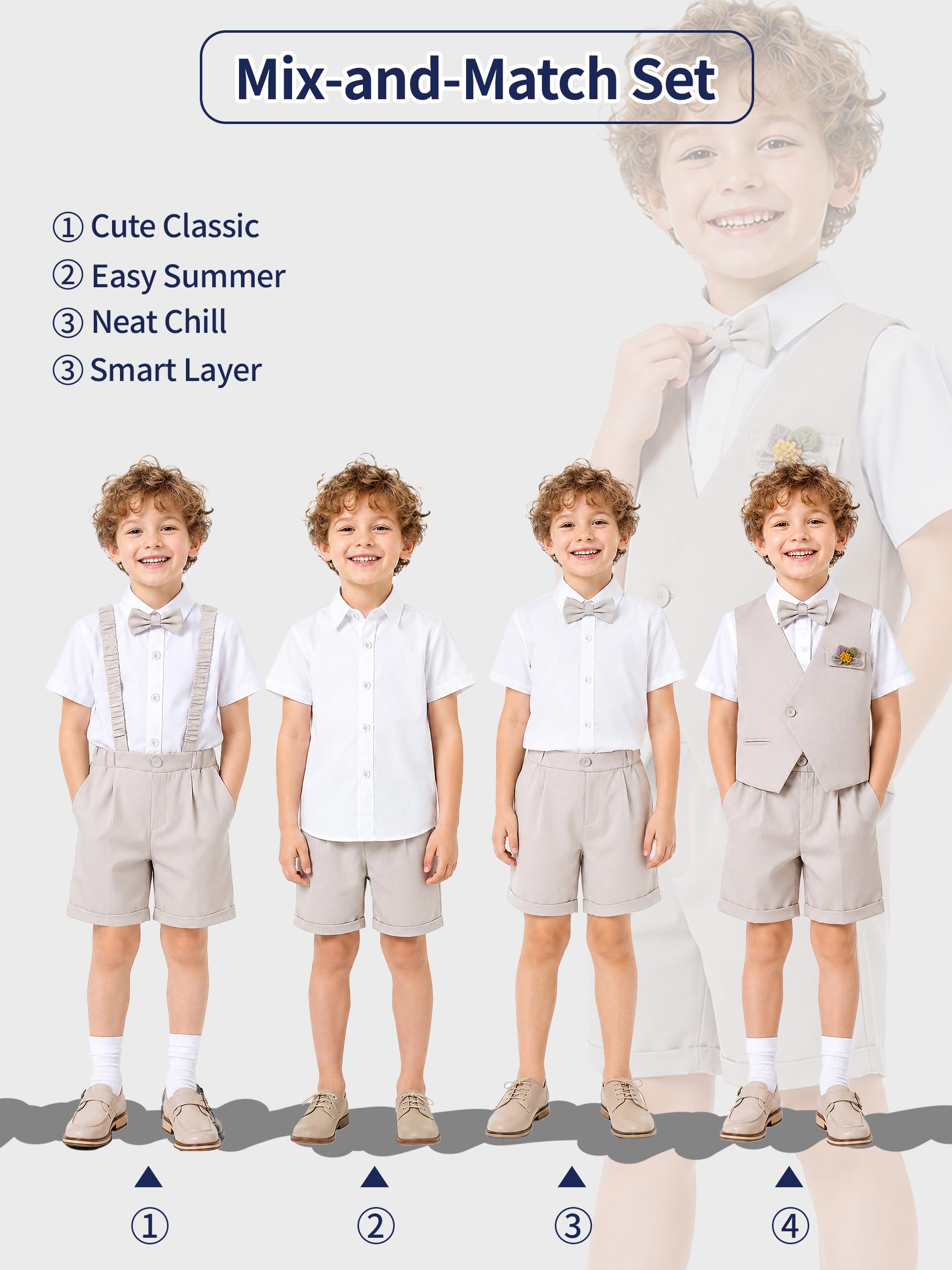 LOLANTA Completo Estivo 6 Pezzi Bambino, Gilet Asimmetrico, Camicia, Pantaloncini, Papillon, Bretelle, Fiore, 4-11 Anni
