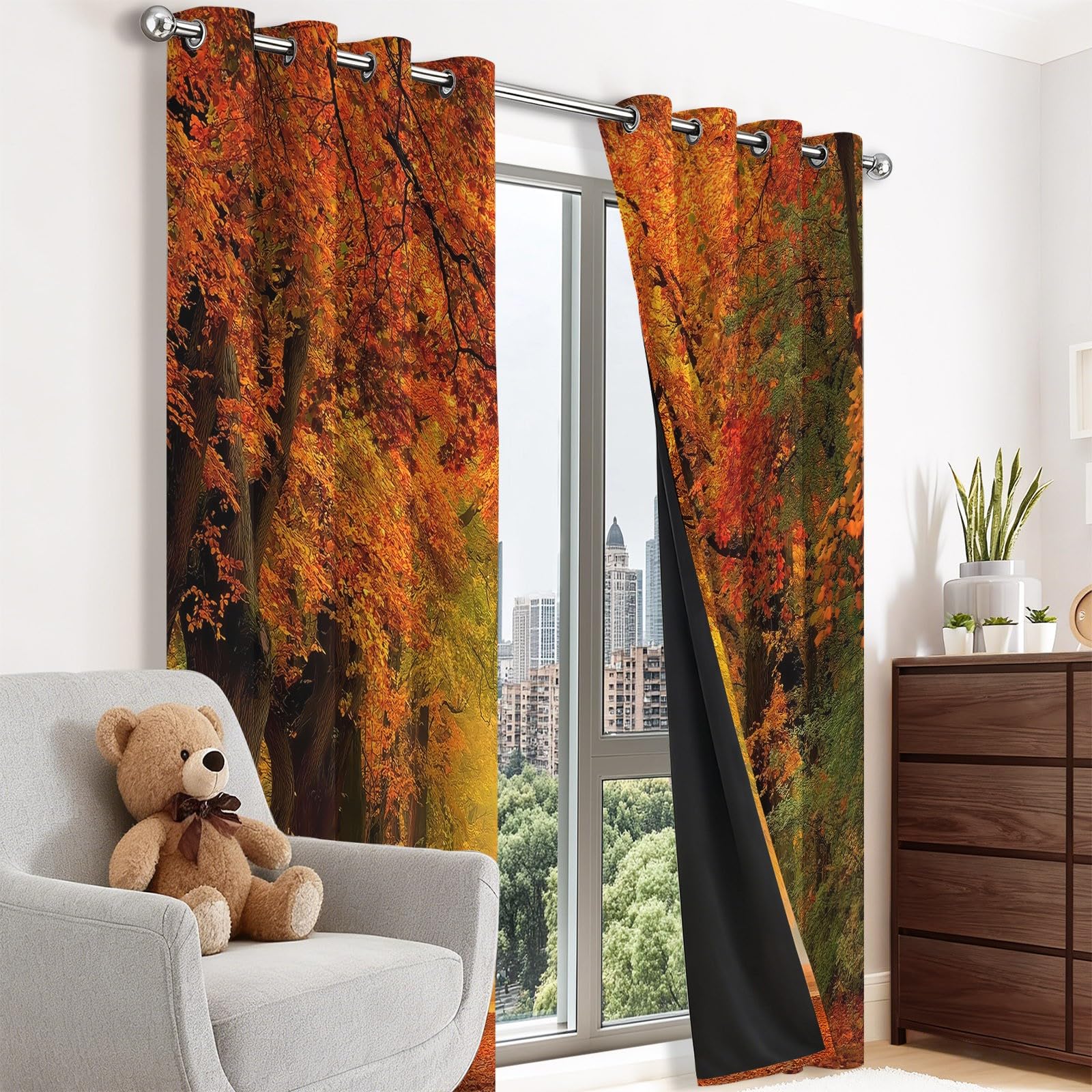 Bunt Blickdicht Vorhänge Wohnzimmer - Traditionell Herbst Landschaft Wald Laub Vorhänge mit Ösen Themovorhang Verdunkelungsvorhänge für Schlafzimmer Kinderzimmer, H215 x B110 cm 2er Set
