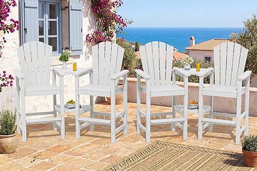 KINGYES Juego de 4 sillas altas Adirondack de polietileno en relieve con bandeja de conexión, sillas altas de polietileno Adirondack con veta
