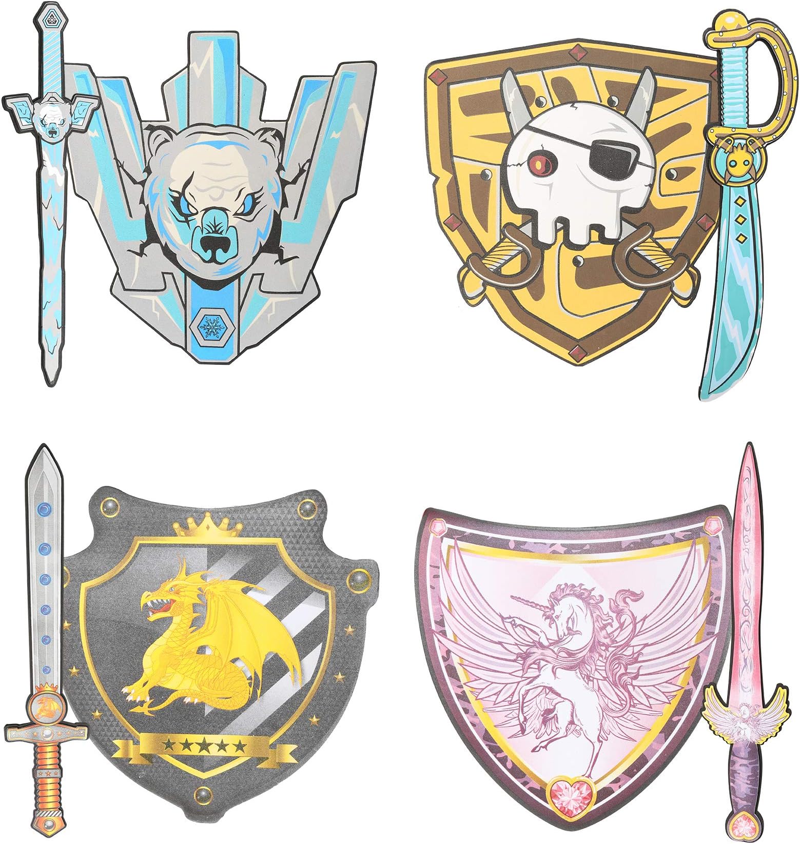 8PCS 17" Assorted EVA Foam Swords and Shields Playset Warrior Weapons Toy Pretend Play Set for Girls Including Unicorn Design, Pirate, Viking, Dragon, Warrior