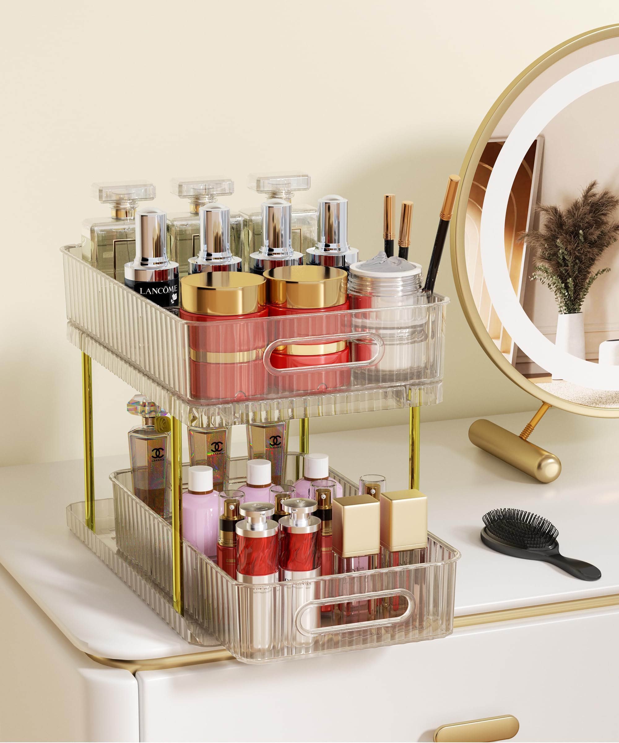 colorsmoon 2-Tier Makeup and Skincare Organizers for Vanity, Large Perfume Organizer, Pull-out Bathroom Organizers and Storage with 4 Removable Dividers for Bath, Bedroom, Cabinet, Champagne Gold
