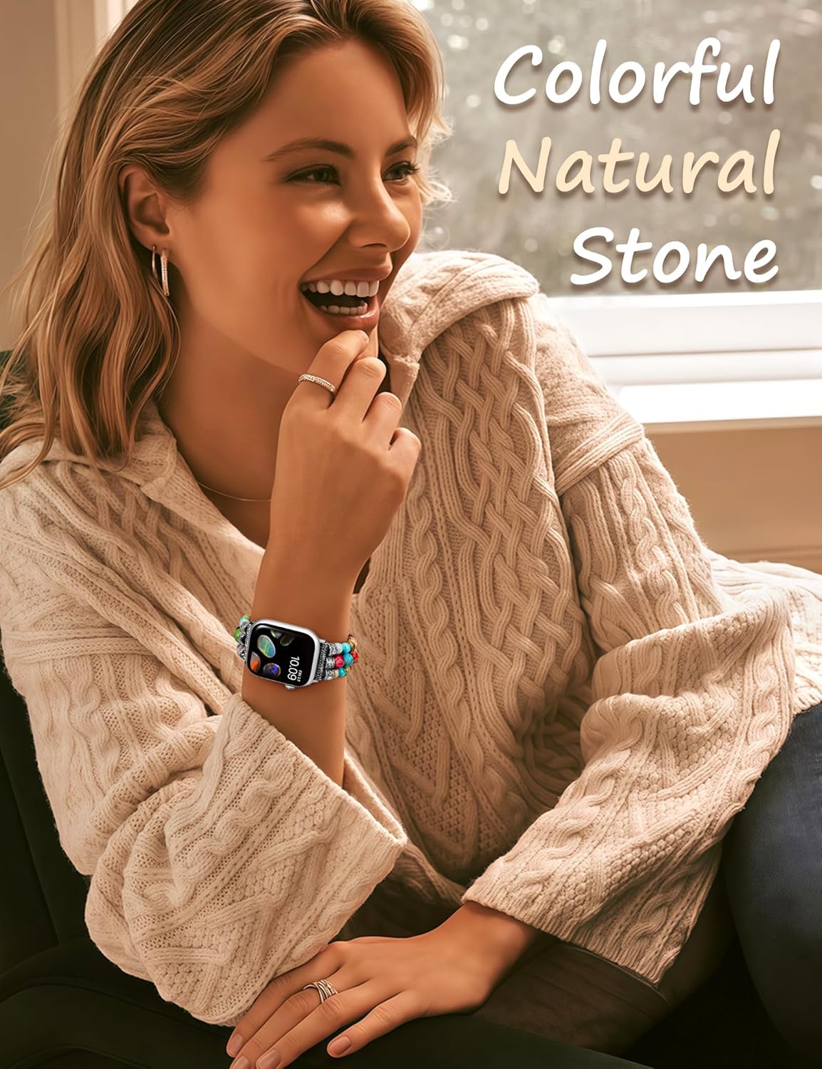Moolia Stretch Natural Stone Strap Compatible with Apple Watch Bands 40/42/41/38mm Women, Jasper Handmade Bracelet Boho Beaded Band for iWatch Series 11 10 9 8 7 6 5 4 3 SE/Ultra 3 2 1