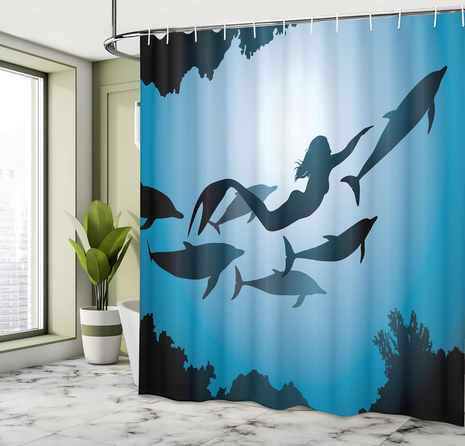 Ambesonne Underwater Shower Curtain, Mermaid and Dolphins Underwater View Travel Diving Fin Sea Life, Cloth Fabric Bathroom Decor Set with Hooks, 69" W x 84" L, Blue Black Petrol Blue