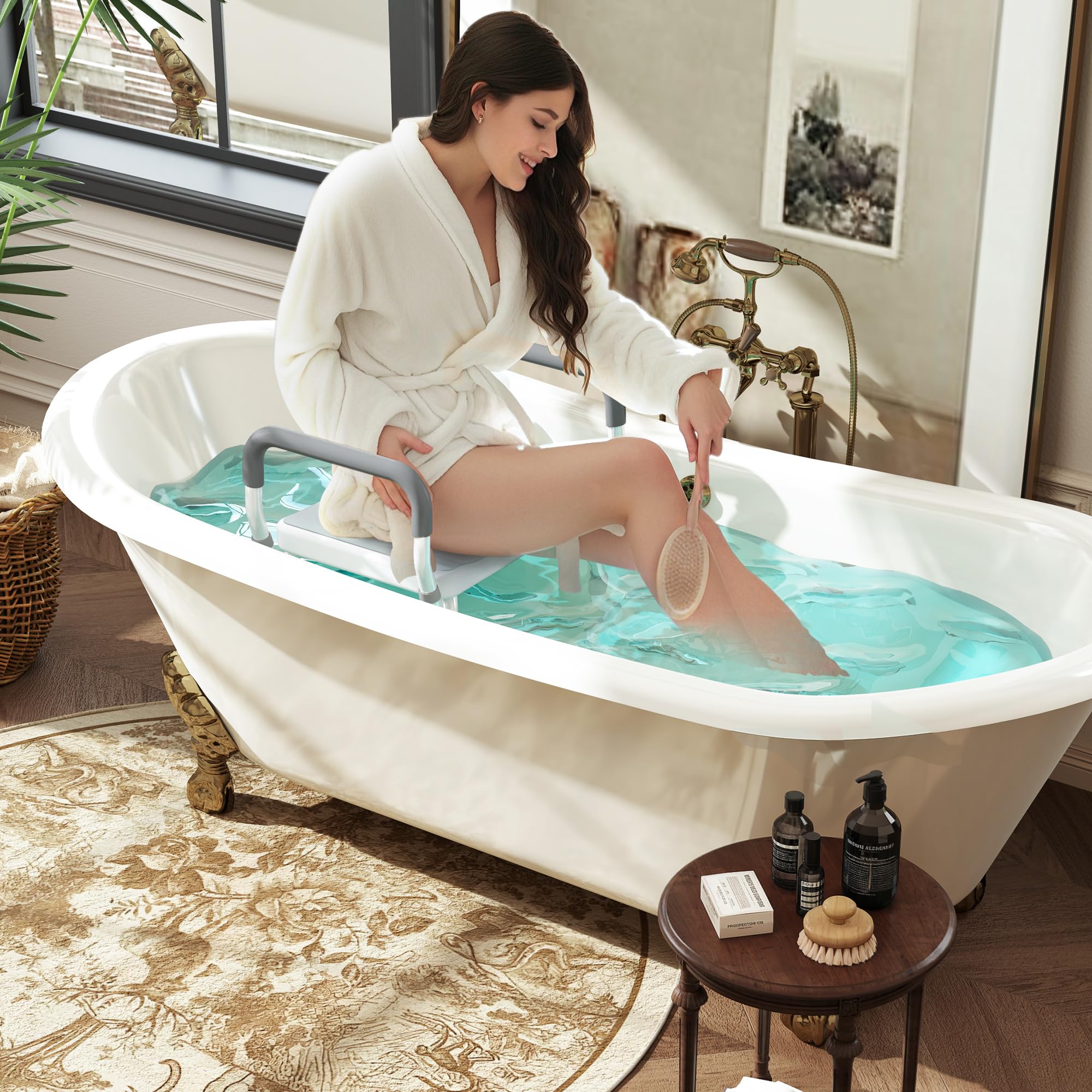 HOMCOM Sgabello Doccia in Alluminio, Sgabello Bagno ad Altezza Regolabile 57-69 cm con Braccioli, Sedia per Doccia Anziani 150 kg, Sedile per Vasca da Bagno con Piedini Antiscivolo, Blu