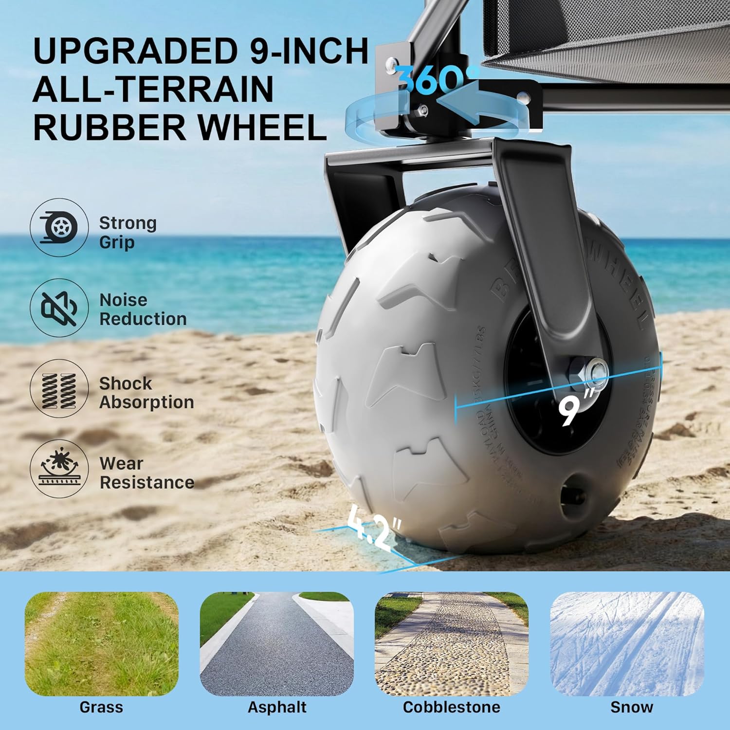 Homebetta Beach Wagon with Big Wheels for Sand, 450LBS Heavy Duty Foldable Collapsible Wagons Carts with 9" All Terrain Inflatable Tires, Adjustable Capacity 200L–380L for Groceries, Camping, Sports