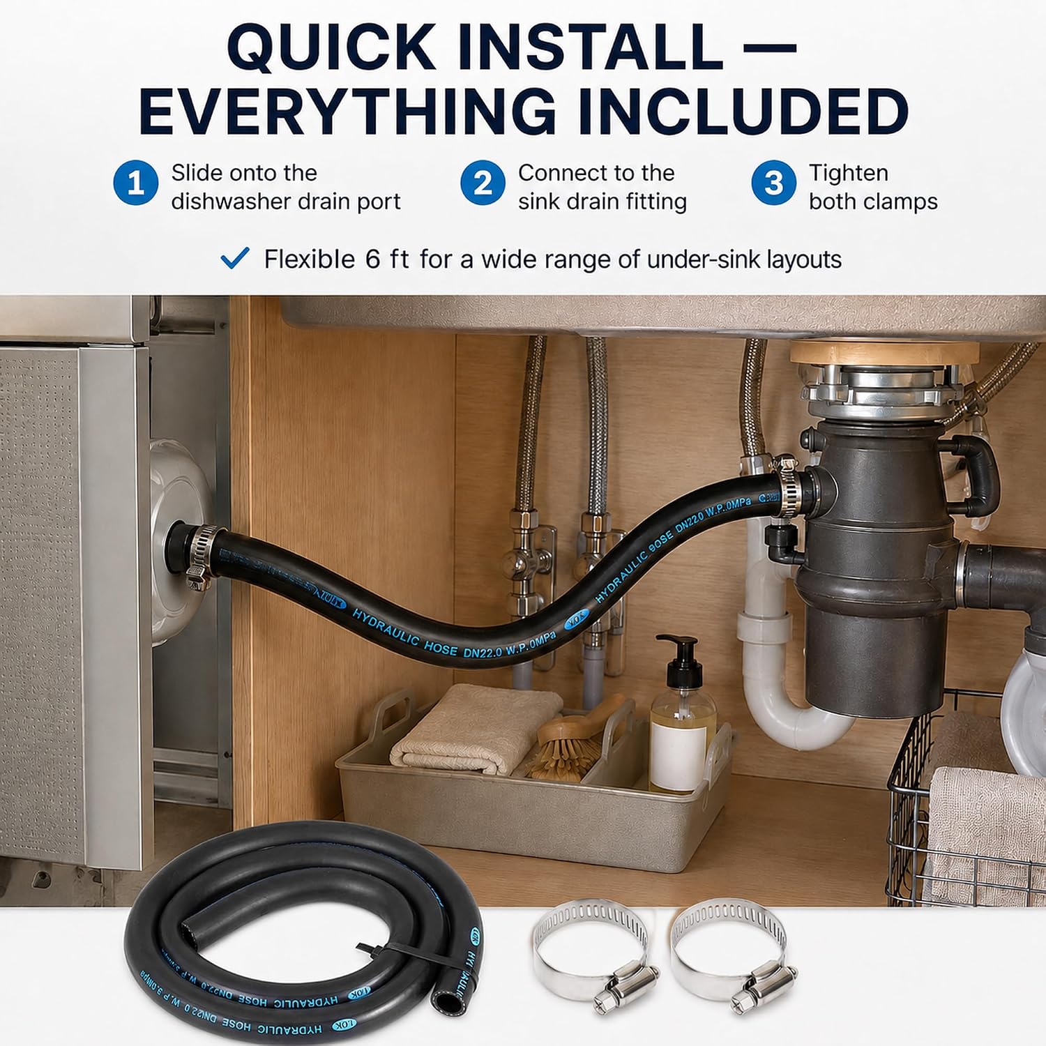 6 FT Dishwasher Drain Hose, 7/8 Inch ID Rubber Discharge Hose with 2 Clamps
