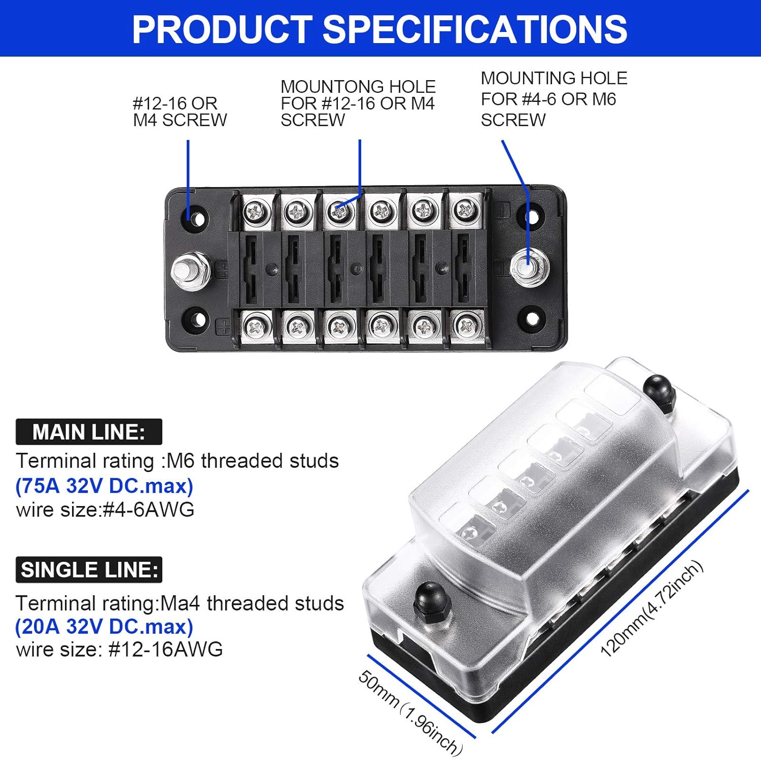 6-Way Automotive Fuse Box Holder 6 Circuit Fuse Holder, 24 Pieces 5A 10A 15A 20A Fuses, 16 Pieces Wire Lugs Rings U Shaped Terminal Connectors, 2 Sets Label Stickers, 4 Pieces Screws for Car Boat : Automotive