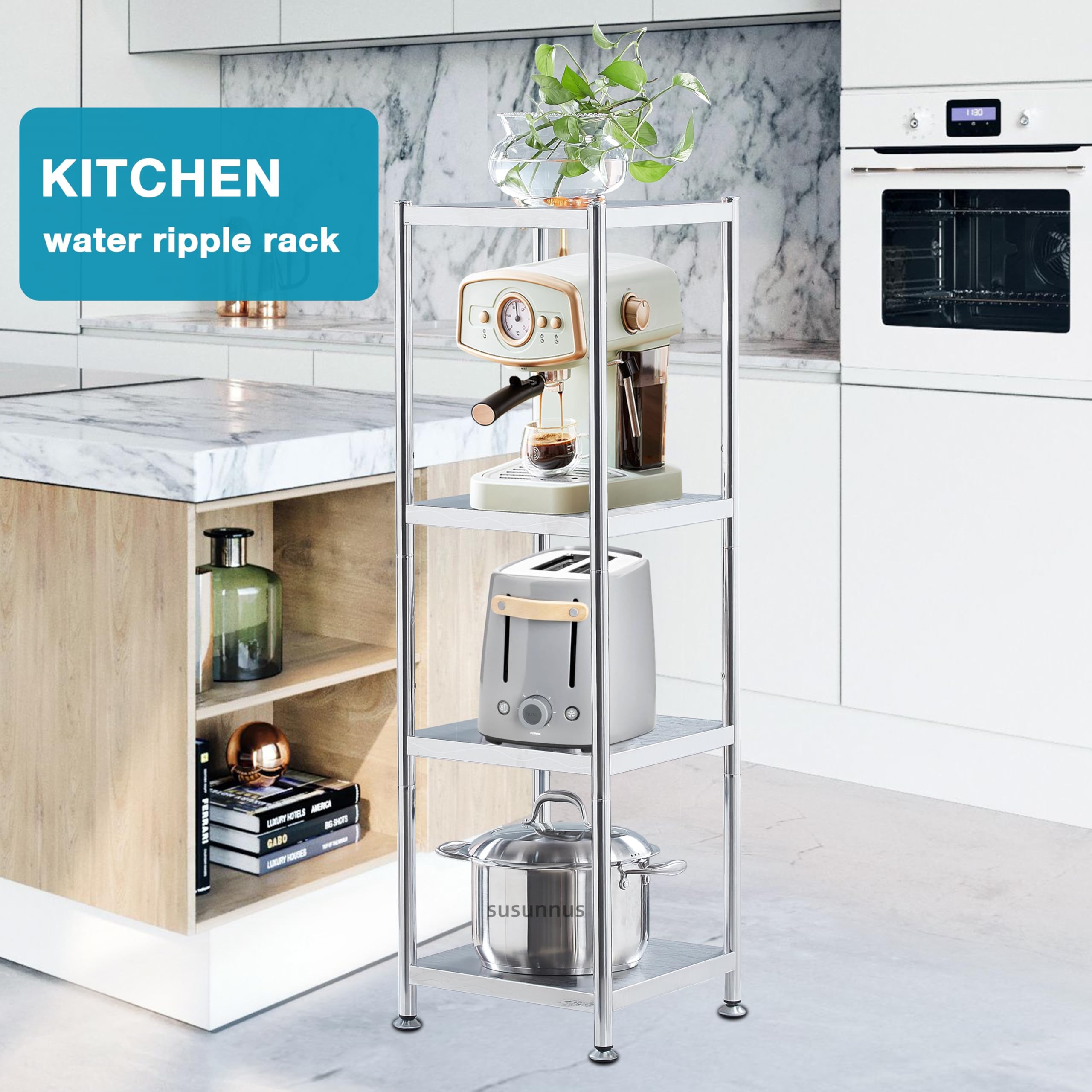 Susunnus Scaffale Angolare In Acciaio Inox A 4 Ripiani, Mensola Stretta Regolabile Per Cucina E Bagno, 35x35x120 Cm
