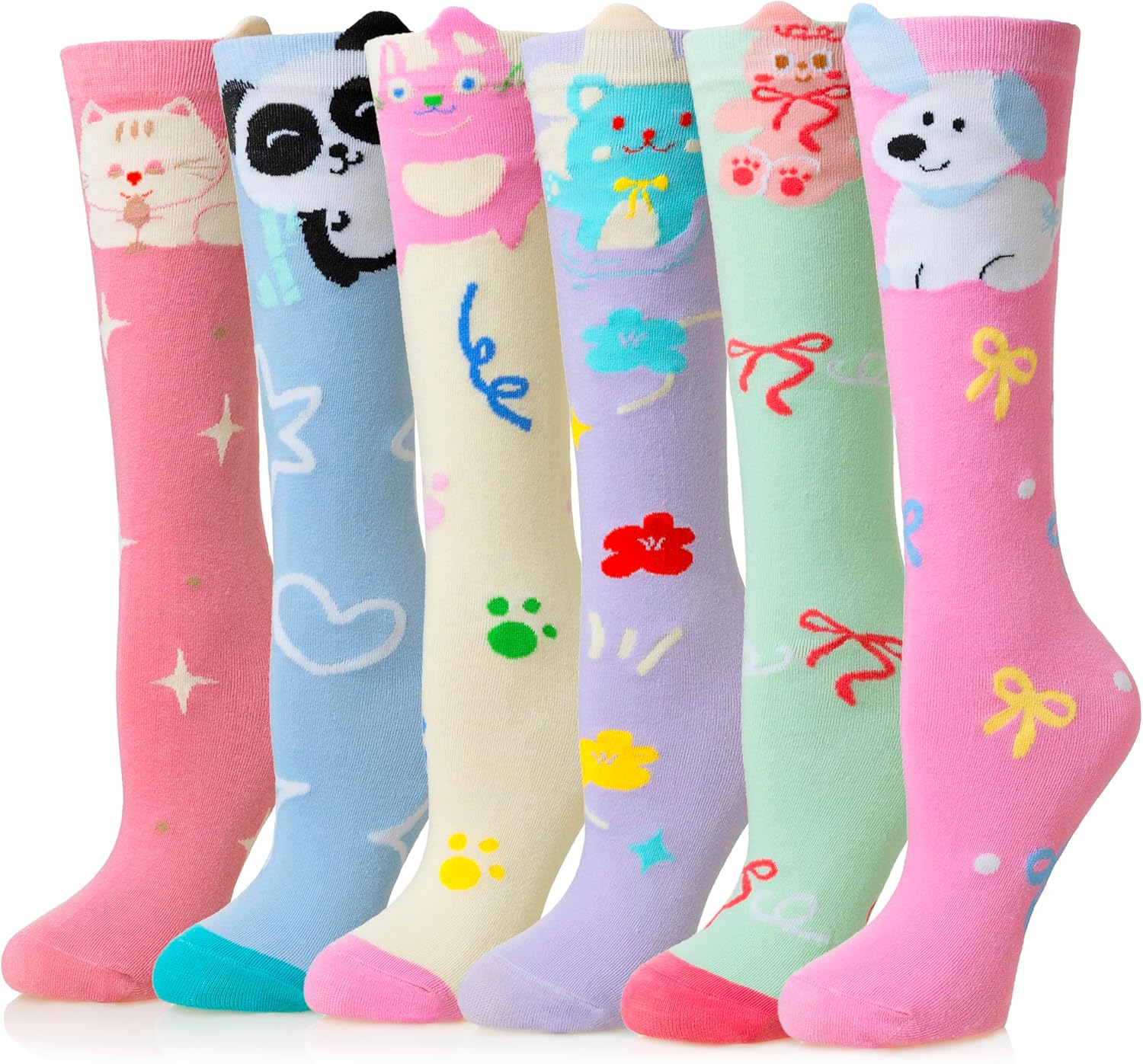 WEVIAS Girls Knee High Socks Kids Long Crazy Fun Silly Gifts Boot Cute Animal Funny Tall Cotton Socks 6 Pairs