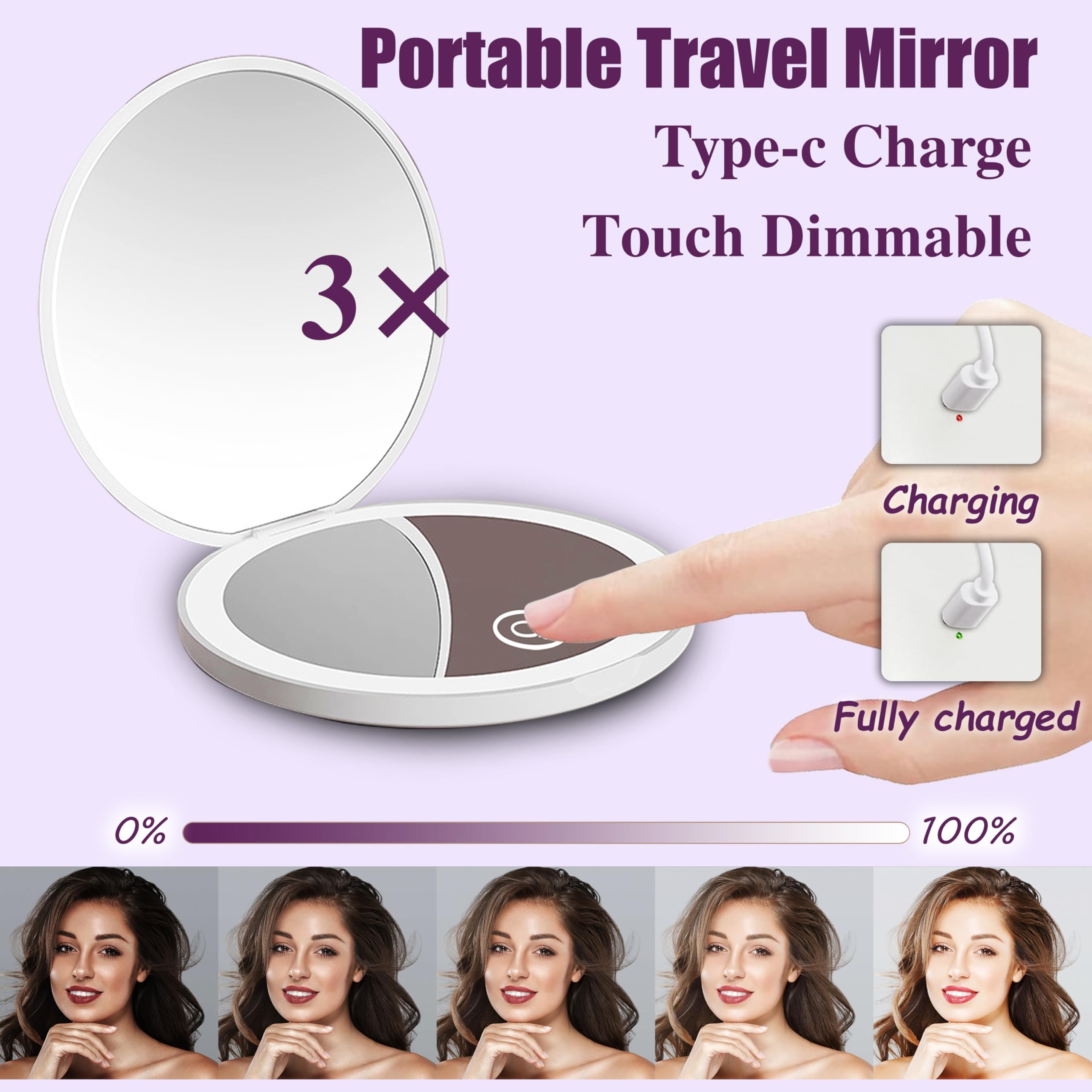 Jilier 14pcs Mini Make-up Pinsel und Taschenspiegel, Reise Make-up Pinsel Set, LED Kompaktspiegel mit Licht, Reisegröße mit Etui, Tragbar für Handtasche, Reiseutensilien für Frauen