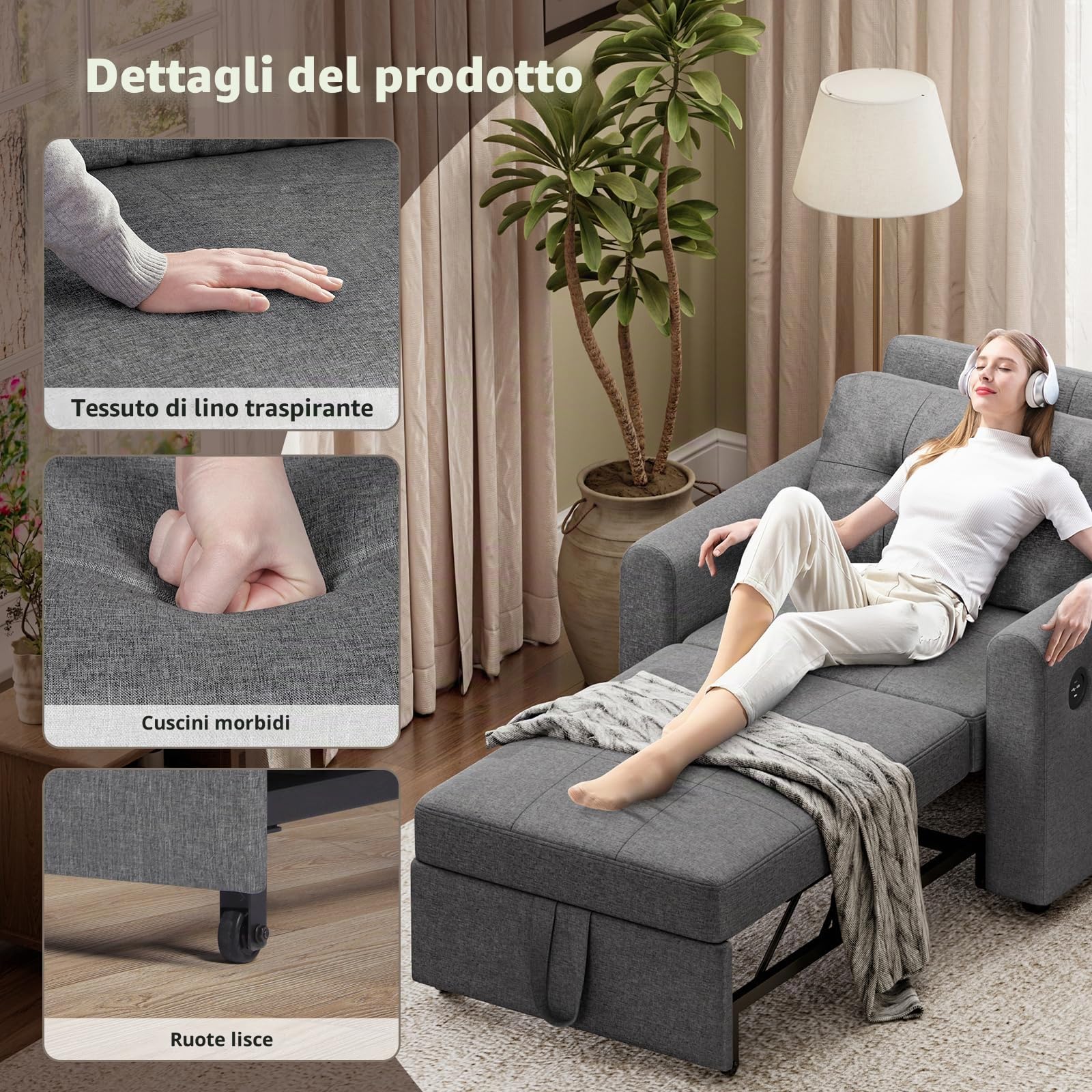 Divano Letto 3 in 1 con USB e Porta Type-C, Divano Pieghevole Salvaspazio con Cuscino Morbido, Tasche Laterali, Schienale Reclinabile, Rivestimento in Tessuto Sherpa, 84x190cm, Grigio Scuro