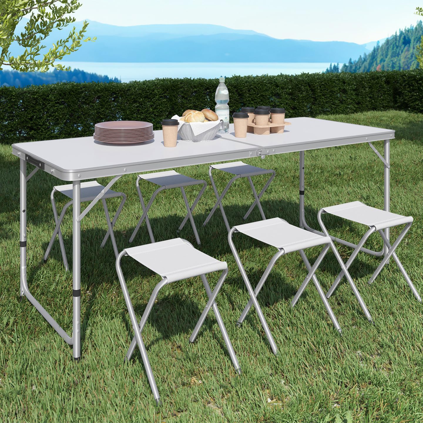 IDMarket - Table de Camping Pliante d'appoint 160 cm réglable en Hauteur 6 tabourets Blancs