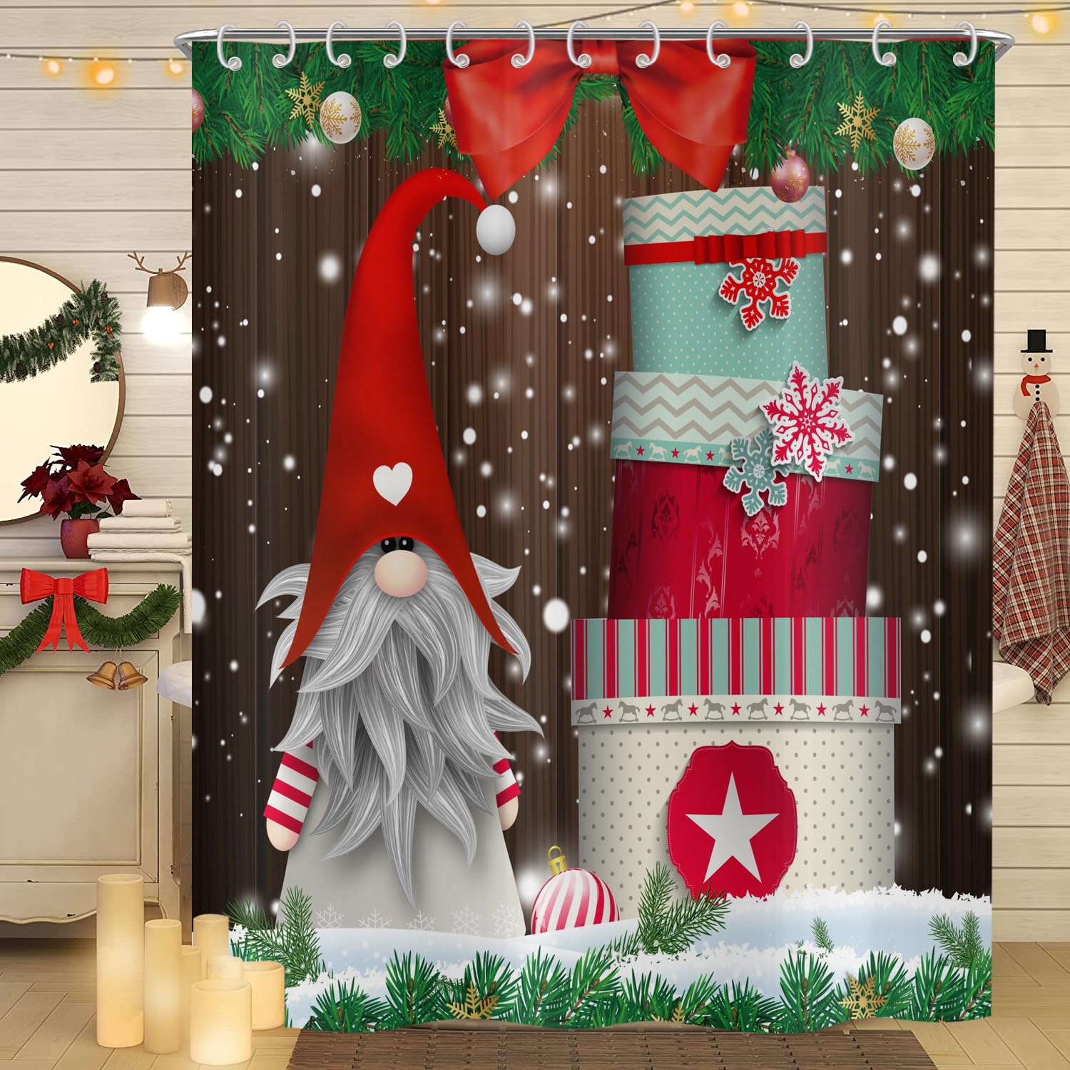 Hnmdmyi Christmas Shower Curtain 180x240, Cute Gnome Colorful Gift Boxes Xmas Rustic Farmhouse Winter Holiday Bathroom Curtains Waterproof Polyester Fabric Washable Bath Curtains with Hooks