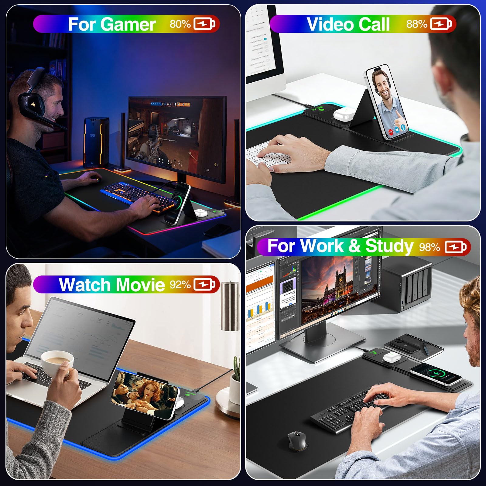 Tappetino per mouse da gioco XXL RGB LED con ricarica wireless magnetica e supporto pieghevole per telefono, 80 x 40 cm, tappetino da scrivania ultra liscio, 25 effetti di luce, base antiscivolo