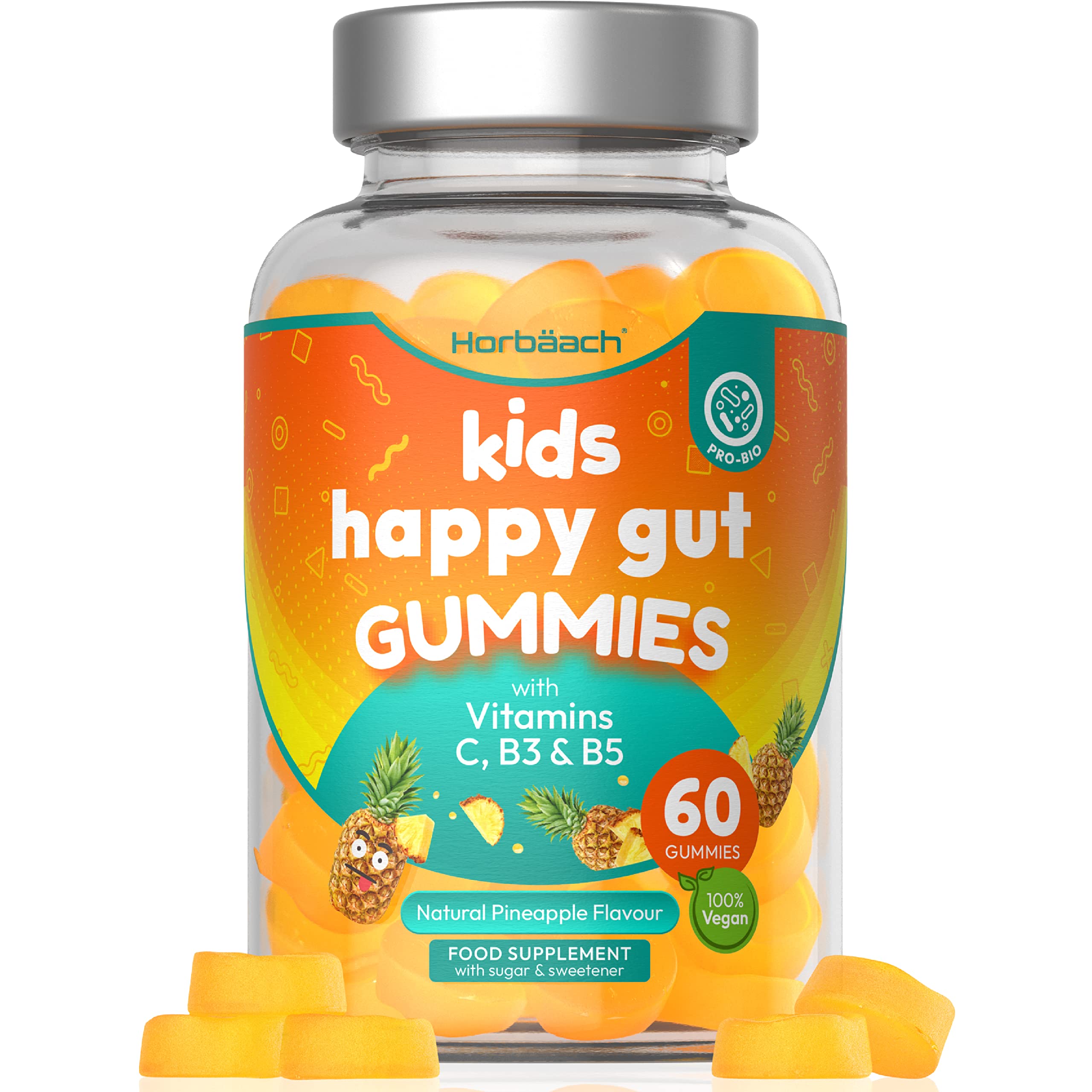 Horbäach Childrens Probiotics Gummies | 60 Count | Vegan Supplement | Natural Pineapple Flavour | with Vitamins C, B3 & B5 | for Immune Support & Gut Health | No Artificial Preservatives | by