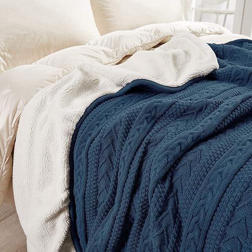Miniatura 8 de Longhui bedding Manta de punto trenzado acrílico Sherpa  Gruesa, suave, grande, acogedora manta de lana de punto gris azul para sofá, cama, tamaño