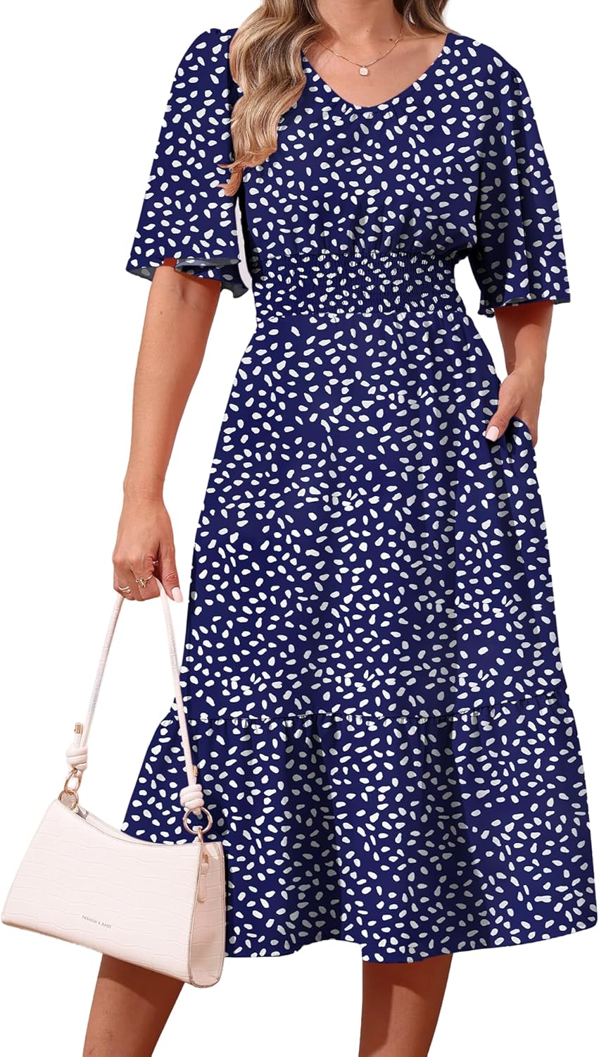 Women's Casual Dresses Boho Floral Midi Dress Smocked Short Sleeve Babydoll Sundress with Pockets 2026 Summer