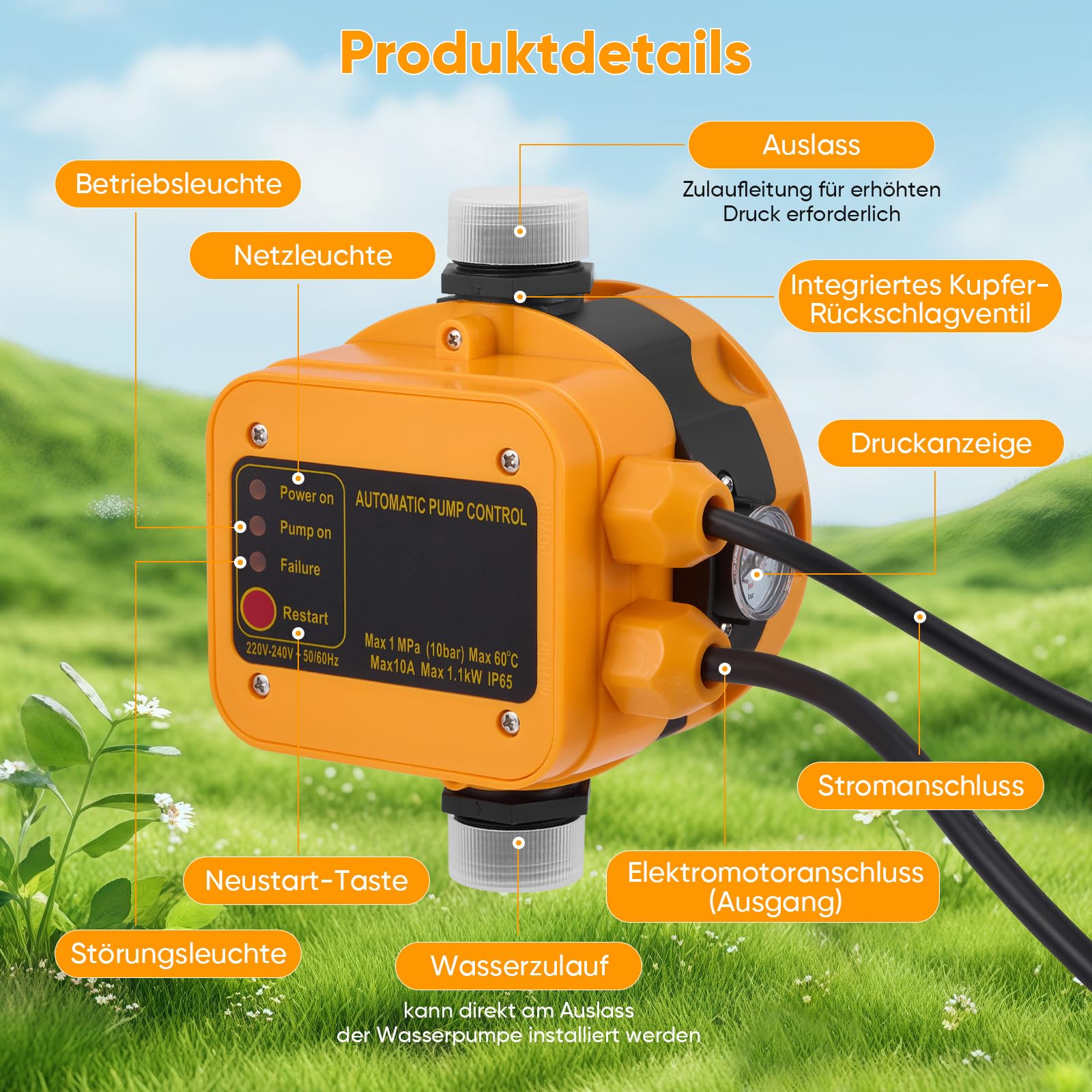 Pressostat Pour Pompe à Eau, ContrôLe électronique De Pression Pression Max. 10 Bar, 220-240 V Avec Prise étanche Ip54 Contrôle De Débit Pour Pompe De Jardin