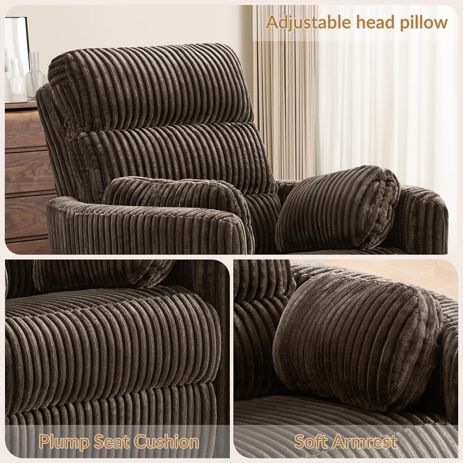 SUNWAVE 40" Oversized Nursery Rocking Recliner Chair, Power Swivel Nursing Chair with Electric Headrest & Anti-Pinch, 160° Lay-Flat Corduroy Rocking Chair Nursery with USB/Type-C