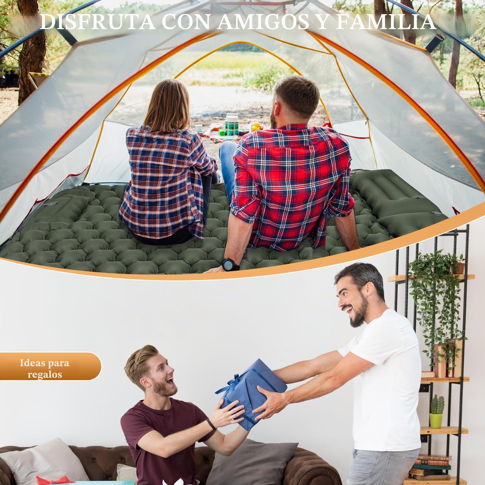 Satisure Esterilla de camping para exterior, impermeable, para 2 personas, autoinflable, para exteriores, con prensa de pies, bomba de aire, agua, playa, piscina, tienda de techo