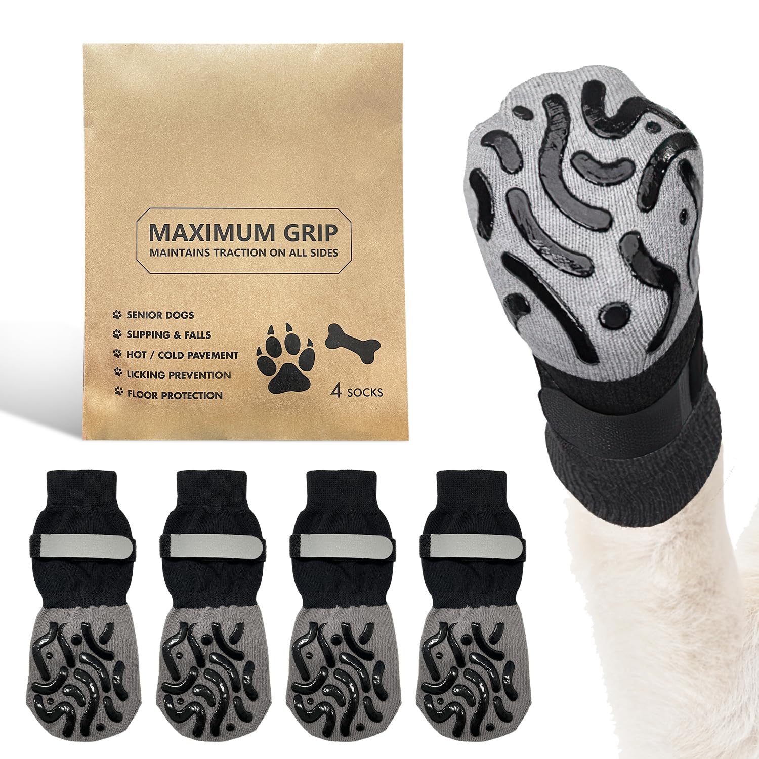 ARWIG 4 Pcs Dog Socks, Black, L, L
