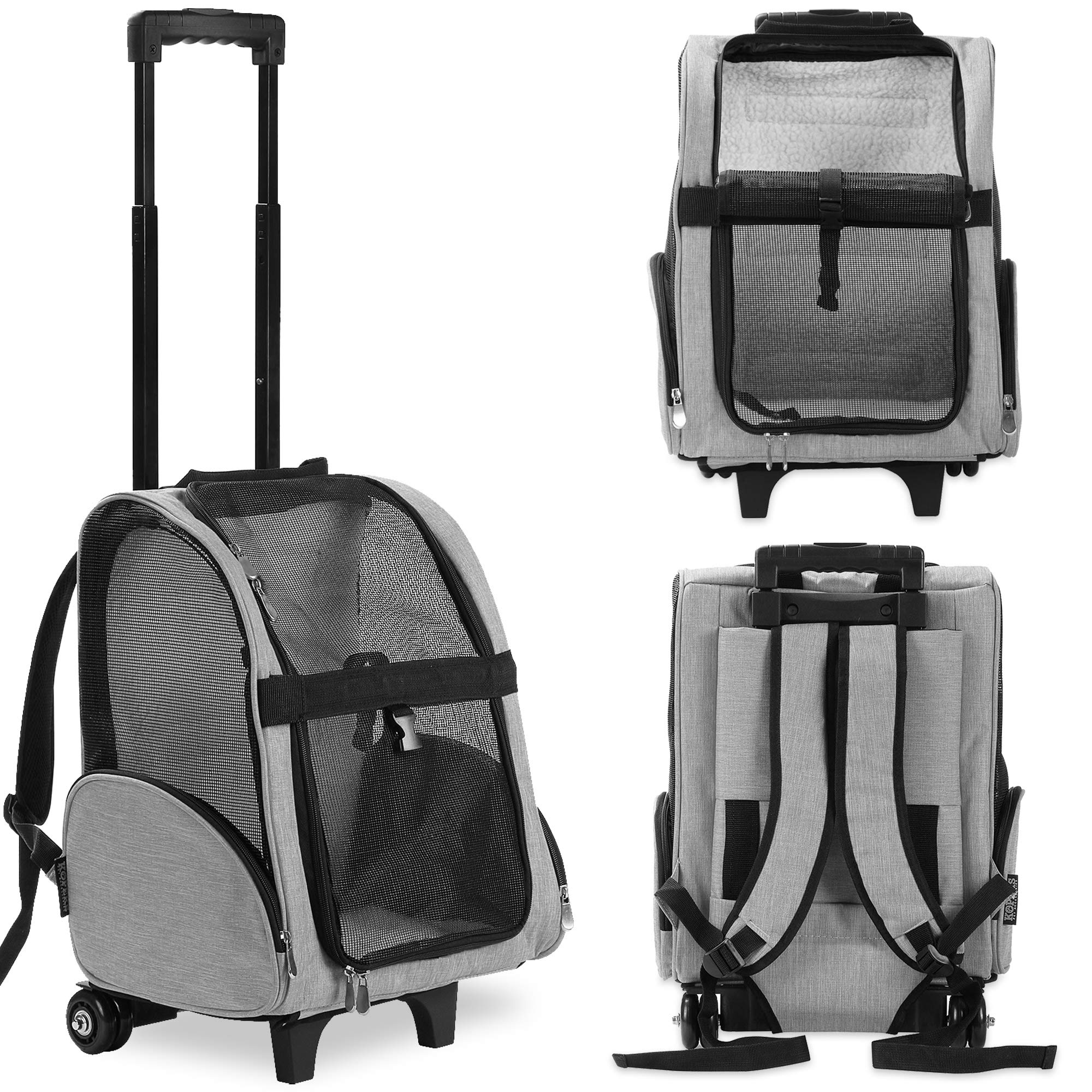 KOPEKS Mochila de Viaje para Mascotas de Lujo con Ruedas Dobles, Gris Jaspeado, aprobada por la mayoría de Las aerolíneas