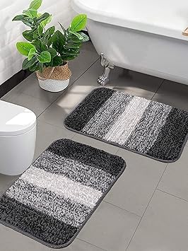 SARAL HOME EASY LIVING Microfiber Striped Rectangle Shaped Anti-Skid Bath Mats | Soft & Super Absorbent Mats for Shower | Washable, Non-Slip & Quick-Drying Mats, 35x50 CM | Pack of 2 (Black) - image, photos