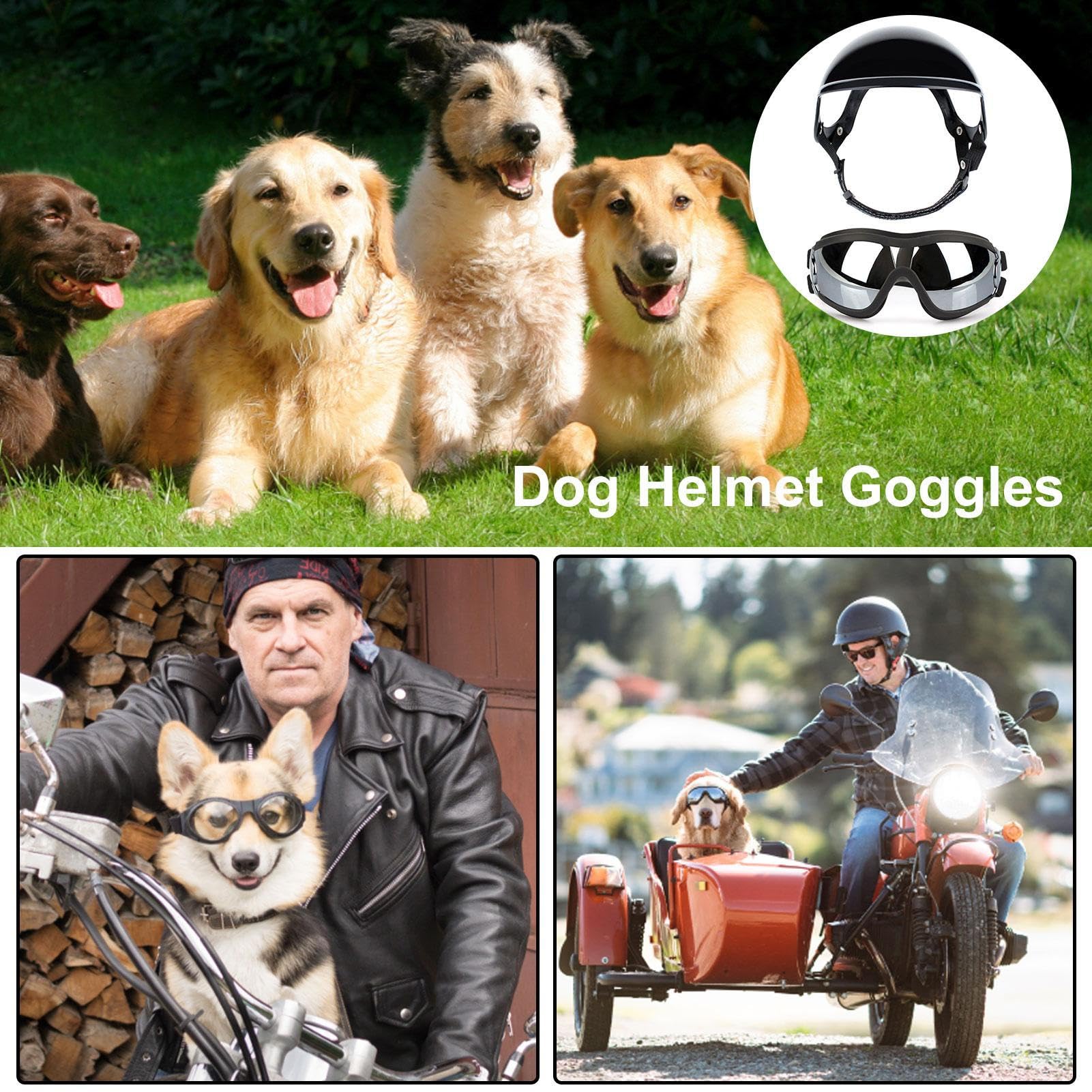 Sol y Casco para Perros | 2 Cascos para Mascotas con Gafas para Perros | Cascos Motocicleta Ajustables para Perros con Espuma incorporada | Juego Sombreros y Gafas para Perros