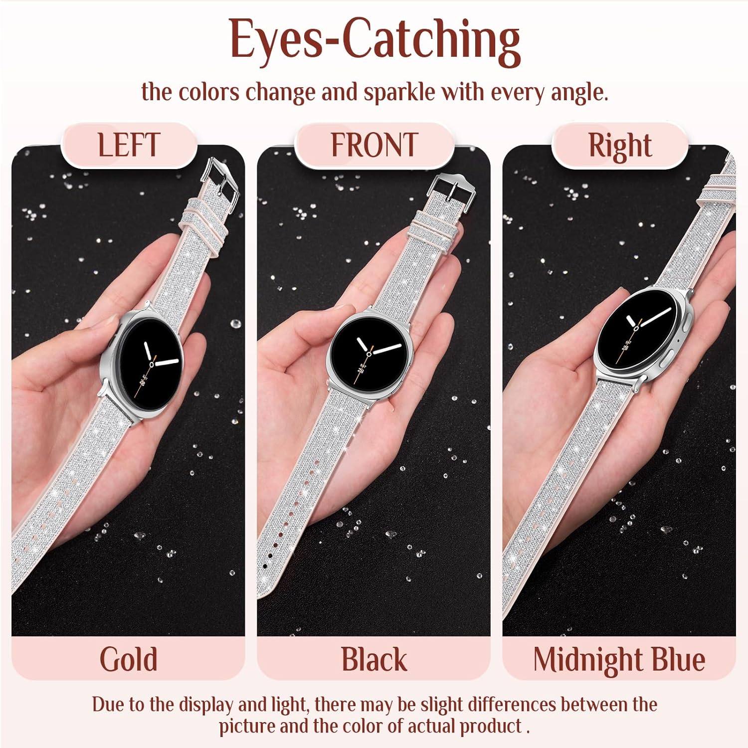 Goton Bling Silicone Band Compatible with Samsung Galaxy Watch 7/6/5/4 FE 40/44mm, 6 Classic 47/43mm, 5 Pro 45mm, 4 Classic 46/42mm, 3 41mm, Active 1&2, 20mm Women Glitter Strap Accessories - Image 3