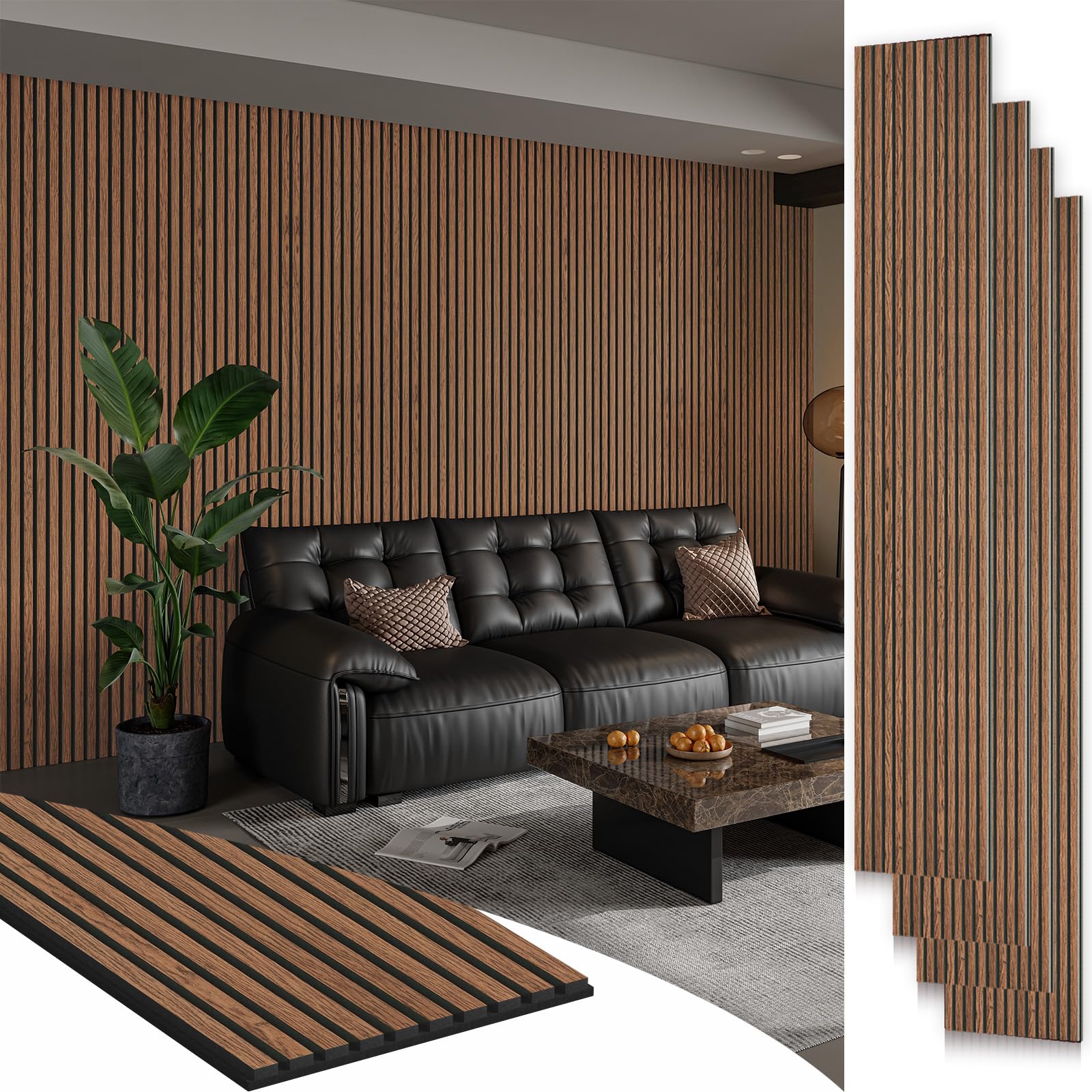 Photo 1 of SMARTSTANDARD 4 Pack 105.9" x 12.6" Wood Slat Wall Panels, Classic Brown