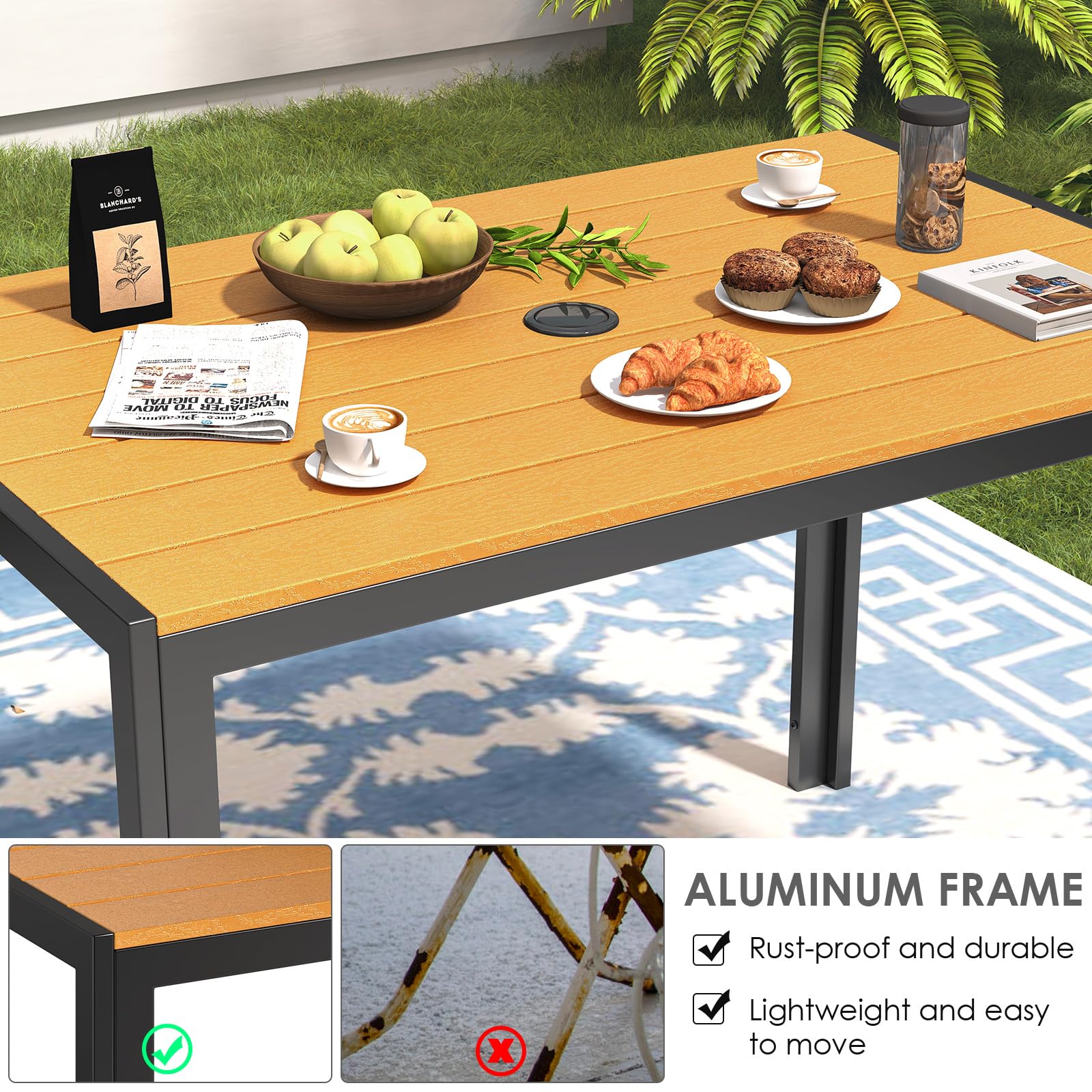 LIFERUN Gartentisch mit Schirmloch 110x70 cm, Balkontisch Wetterfest | Terrassentisch Aluminium, WPC Tischplatte, Rechteckiger Esstisch Garten für 4-6 Personen, Teakbraun
