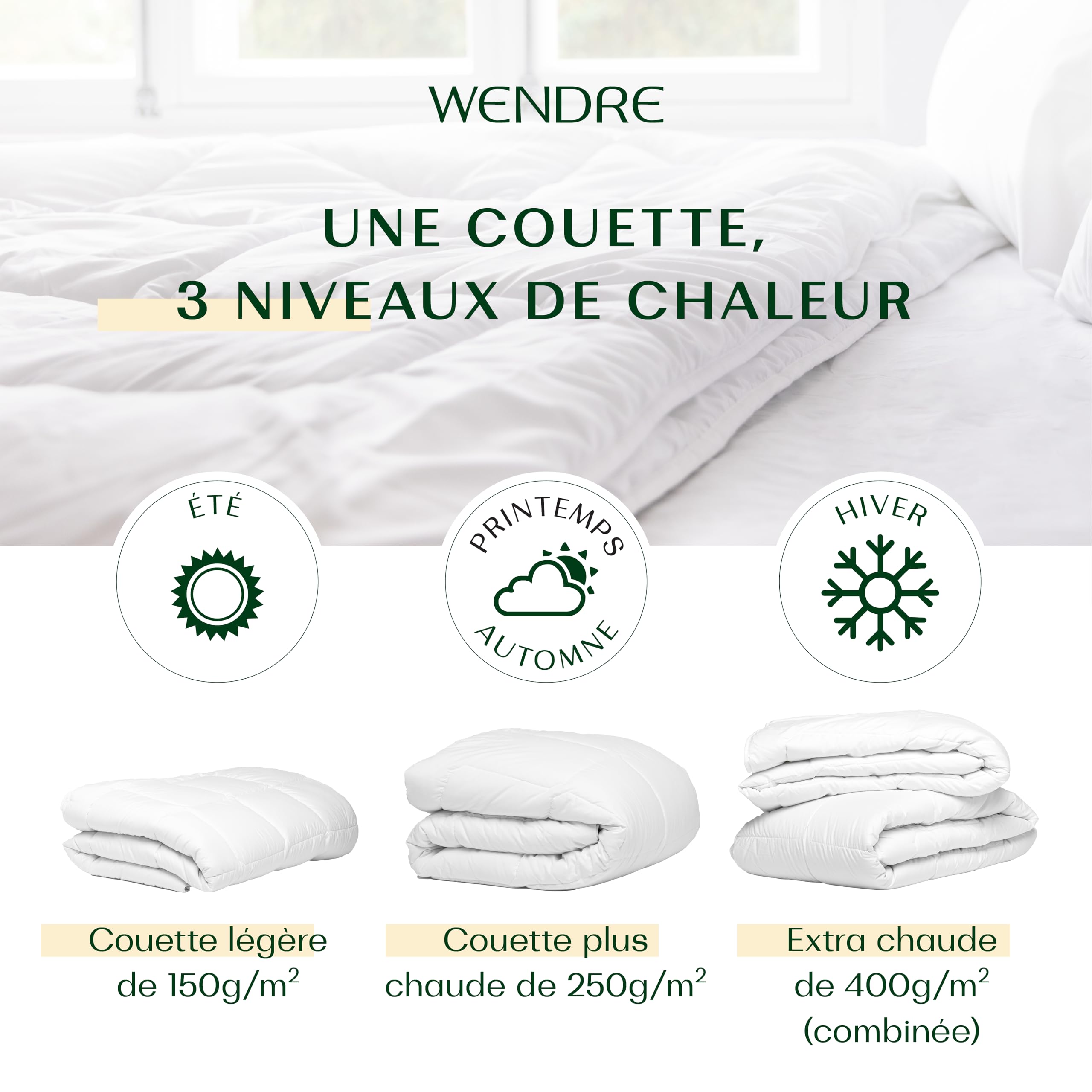 Wendre Couette 4 Saisons 240x260 cm – 2 Couettes 150+250 g/m², 3-en-1 | 2 couettes combinables par boutons-pression, microfibre hypoallergénique, OEKO-TEX, fabriquée en Europe