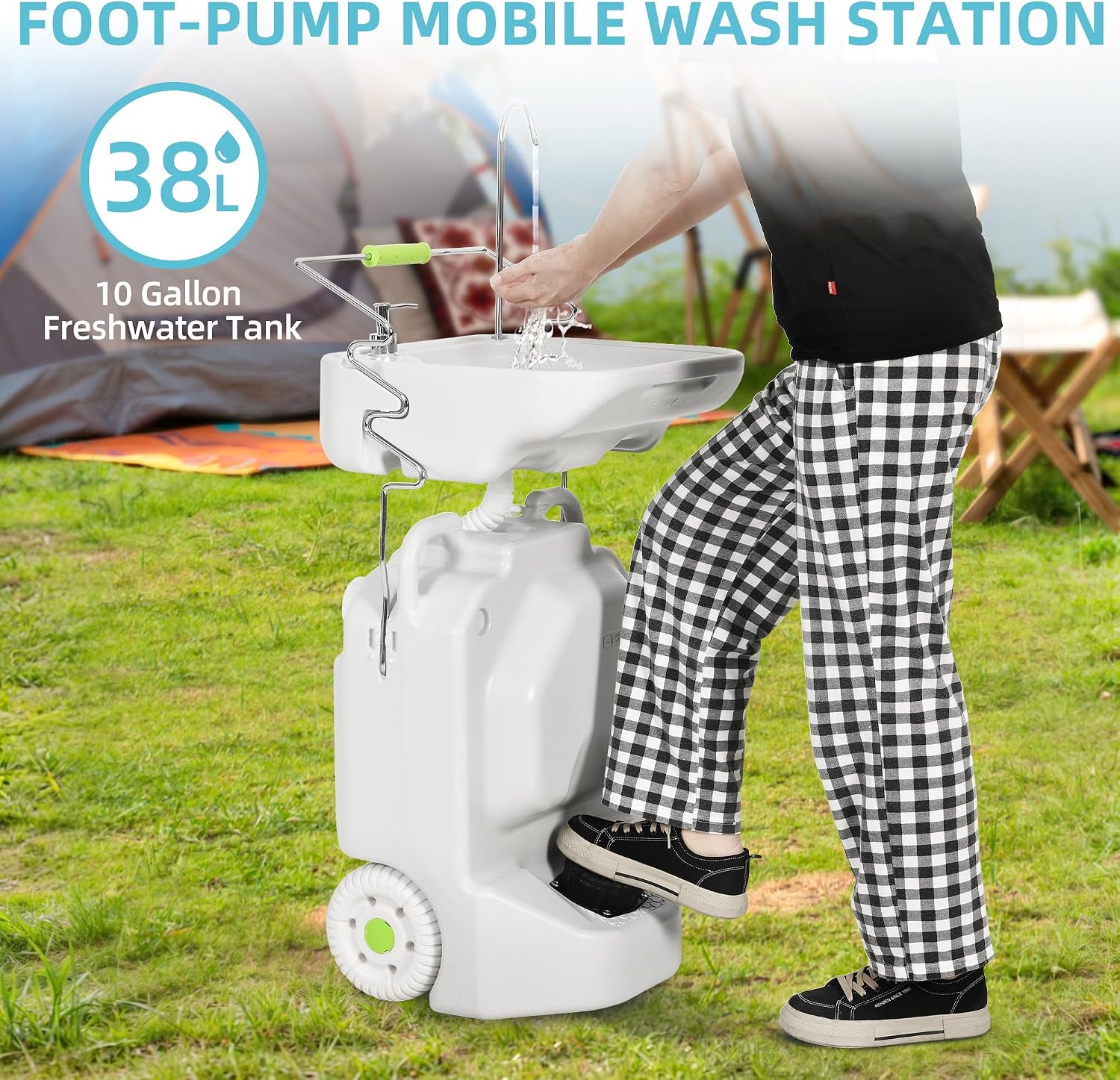 YITAMOTOR 38L(10Gal) Portable Camping Sink, 150+ Hand Washes, Portable Hand Washing Station with Adjustable Wash Basin, Large Wheels, Foot Pump, Towel Holder Soap Dispenser for Outdoors, Camping