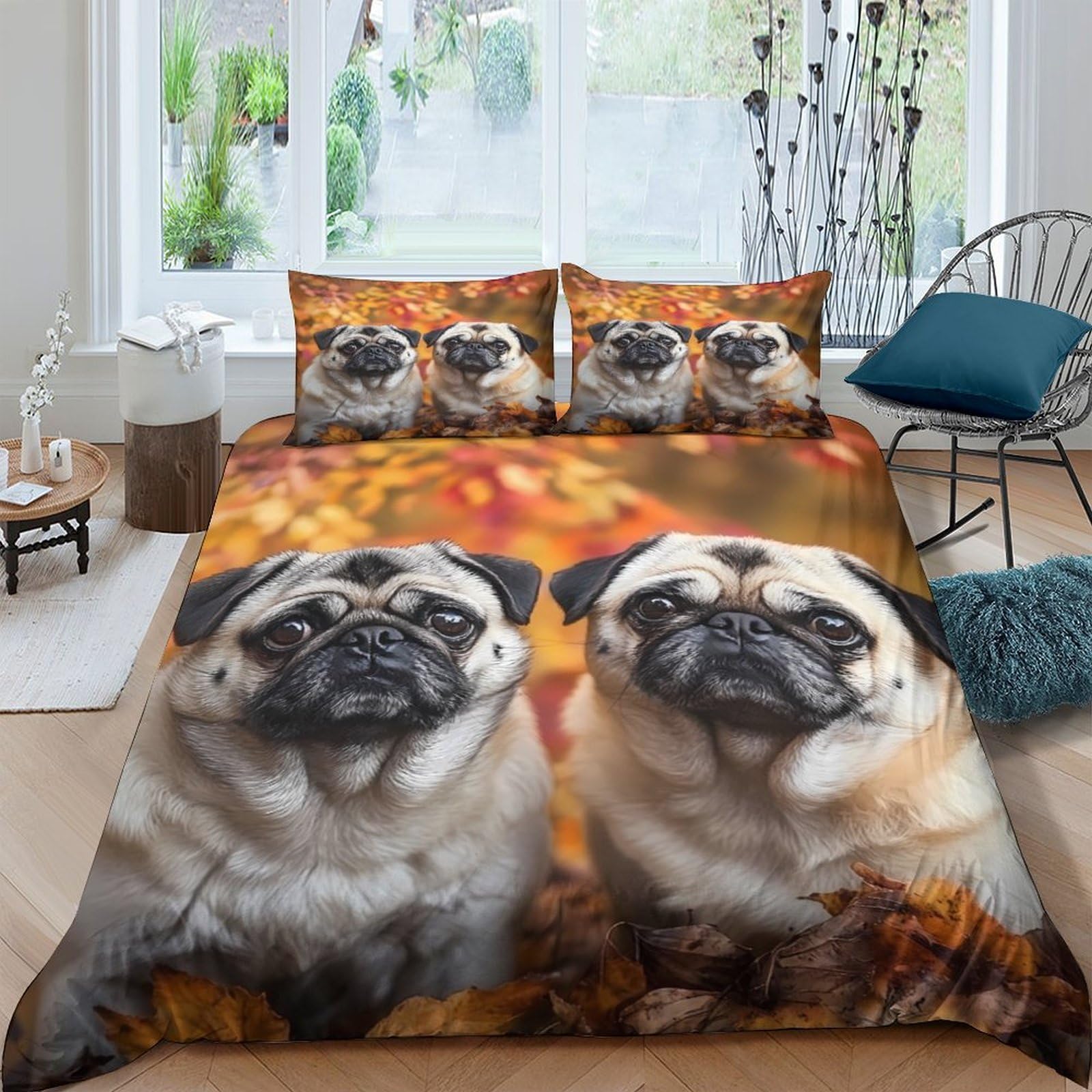 Ctjqhvkz Style-6 3D Printed Pug Dog Autumn Leaves Fitted Sheet Microfiber Soft Mattress Cover For Bedroom Dorm Decorative Single（135X200cm）