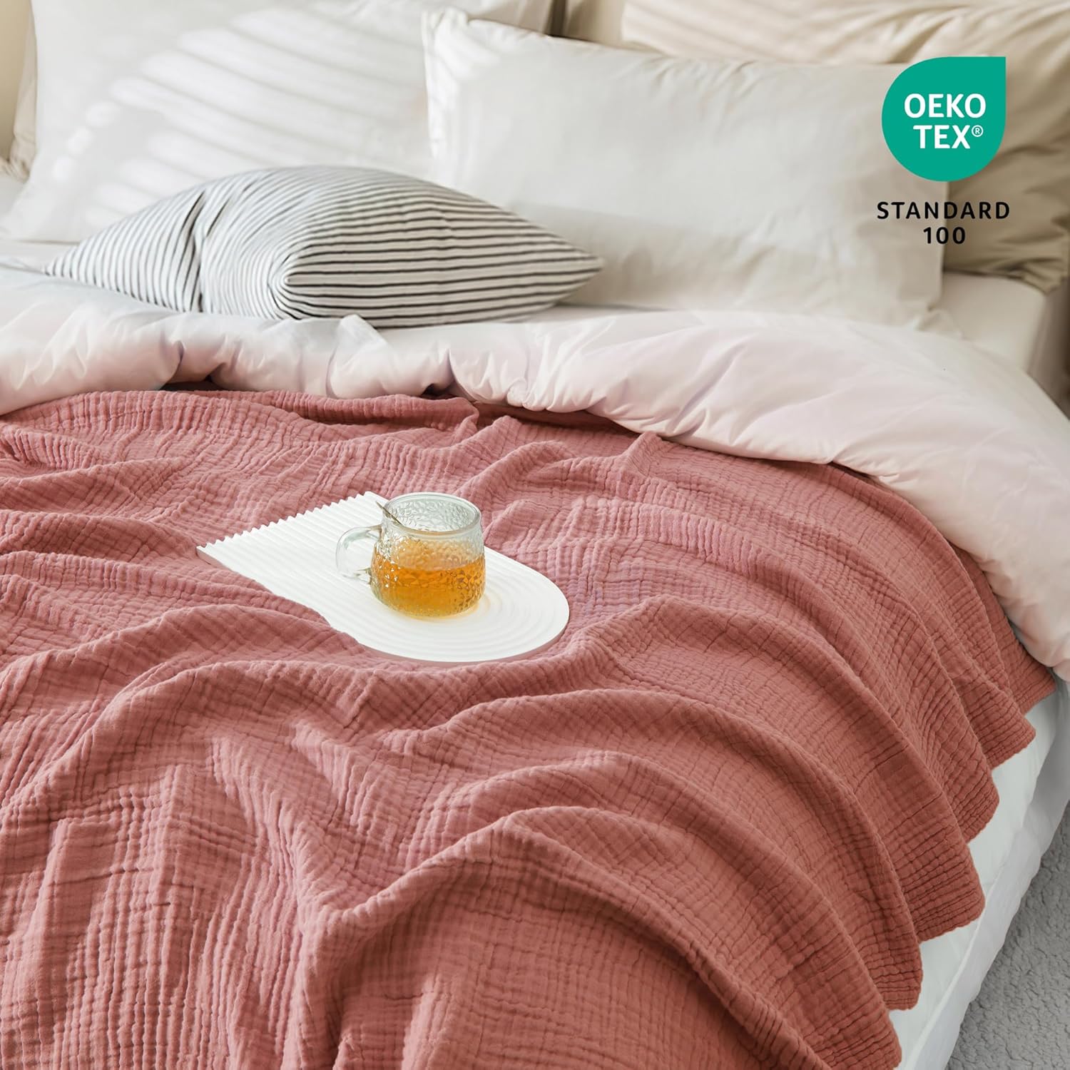 Carriediosa 100% Cotton Muslin Throw Blanket 108" X 90" King Size，4-Layers Summer Gauze Throws for Bed Couch，Soft Lightweight Breathable Linen Blankets Bedspread for Adults All Season，Mauve - Image 2