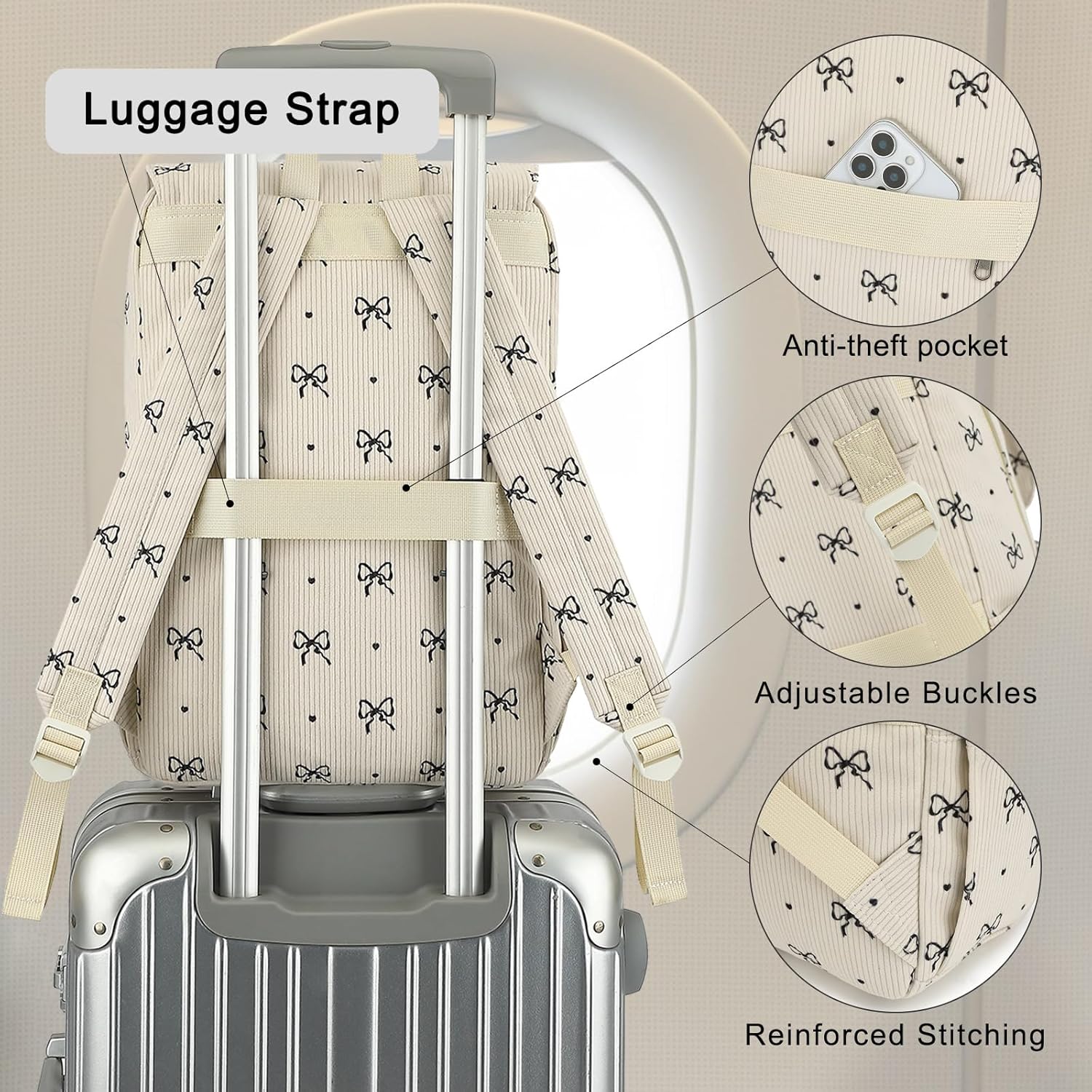 Corduroy Travel Backpack for Women, 15.6 Inch College Laptop Backpack, Fashion School Bookbag Work Backpacks (Corduroy Bow Tie)