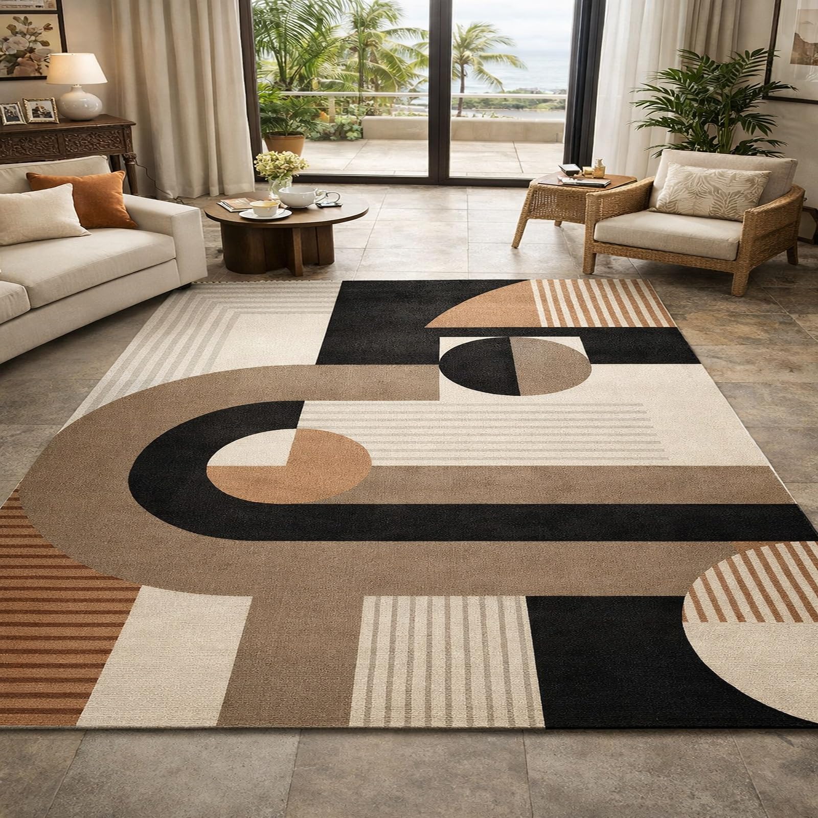 Teppiche Wohndeko für Wohnzimmer Schlafzimmer Aesthetic Room Decor,Modern, geometrisch, abstrakt, Schwarz, Weiß, Beige, Creme, Braun, 155 x 200 cm