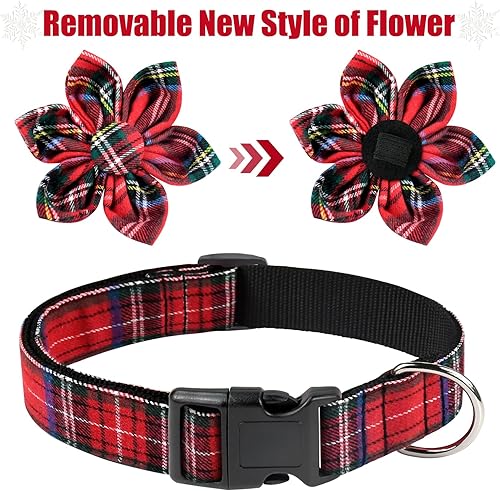 Miniatura 3 de Malier Collar de Navidad para perro con flor, clásico collar de perro a cuadros de búfalo con hebilla, collares de Navidad ajustables con corbatín