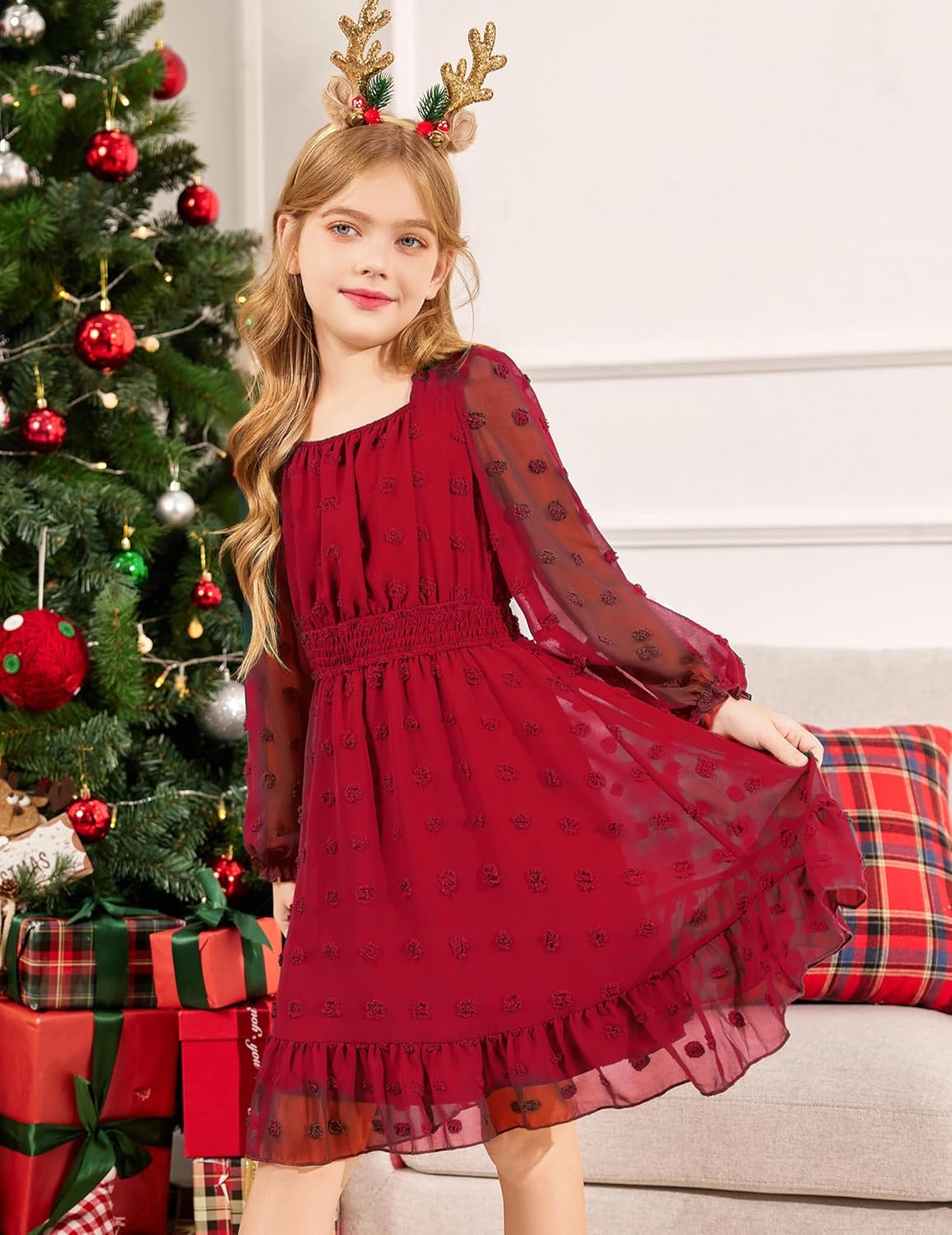 Arshiner Girls Dresses Long Sleeve Square Neck Swiss Dot Flowy Casual Party Dress - Image 5