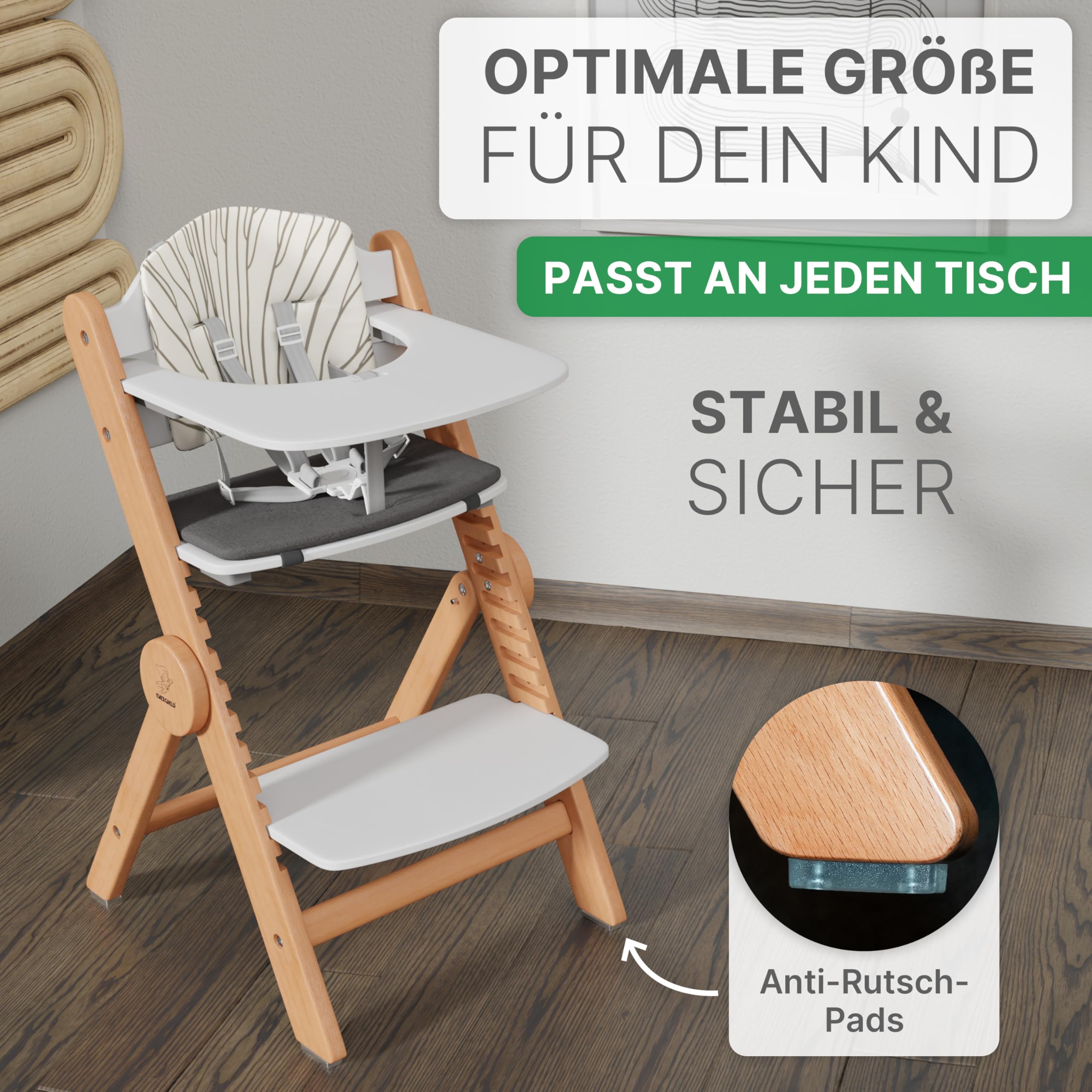Premium Kinderhochstuhl ZS3 Set - mitwachsend klappbar verstellbar, Hochstuhl Baby ab 6 Monaten bis 90kg belastbar, mit Essbrett - Treppenhochstuhl Kinderstuhl Holz High Chair (natur)