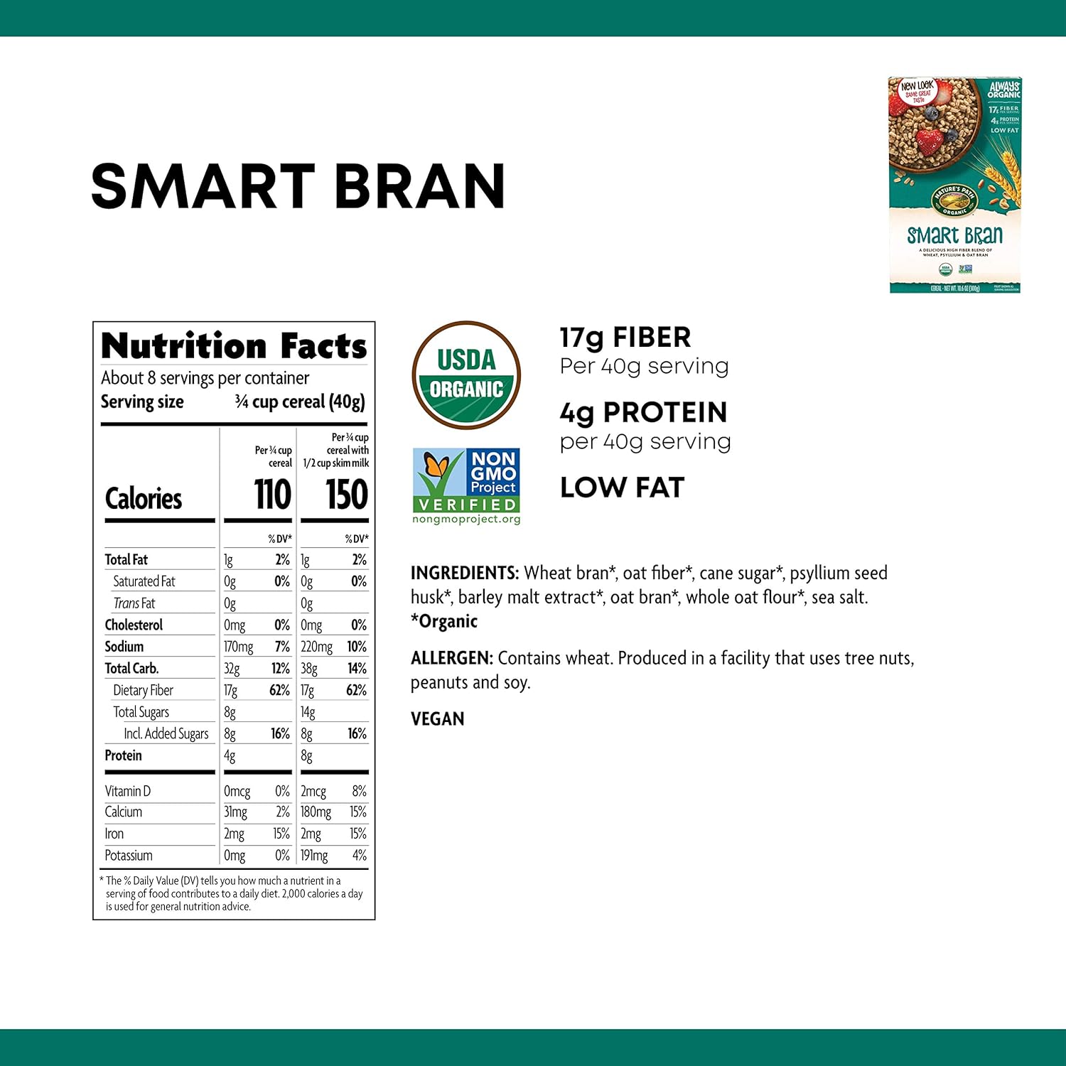 Nature's Path Organic Smart Bran Cereal, 10.6 Ounce (Pack of 6), Non-GMO, 17g Fiber, 4g Protein