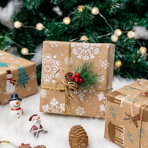 Miniatura 10 de LeZakaa Papel de regalo de estraza de Navidad, mini rollo, estampado de muñeco de nieve, ángelzorro en oro para envoltura de regalo, manualidades de