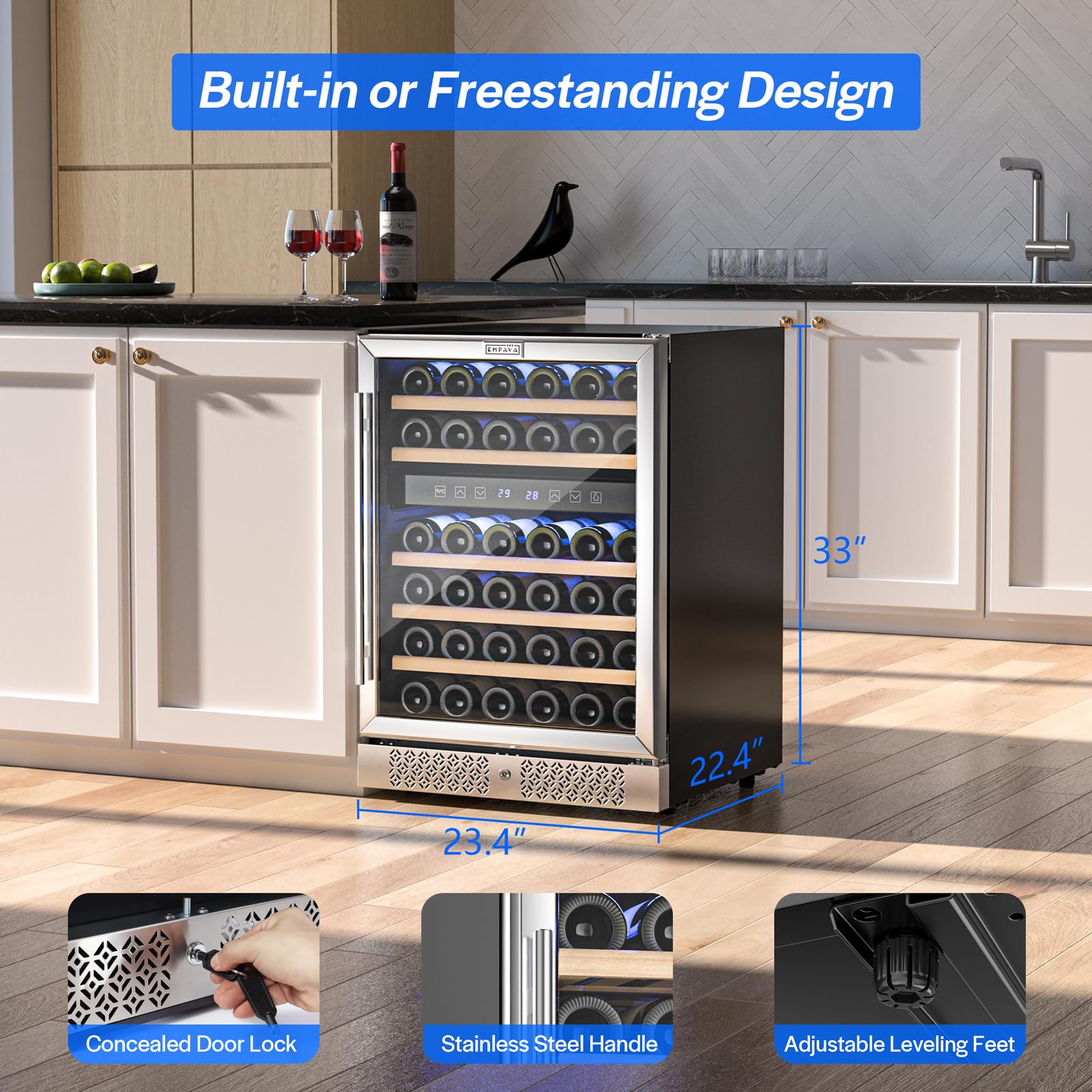 Empava 24" Wine Cooler Refigerator, Freestanding Or Under Counter Fridge With Lights, 46 Bottles Capacity Dual Zone, Touch Control, Stainless Steel on Fridge.com - View 5